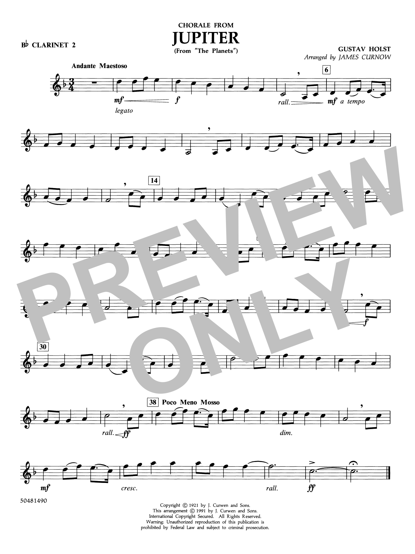 Chorale from Jupiter (from The Planets) (arr. Curnow) - Bb Clarinet 2