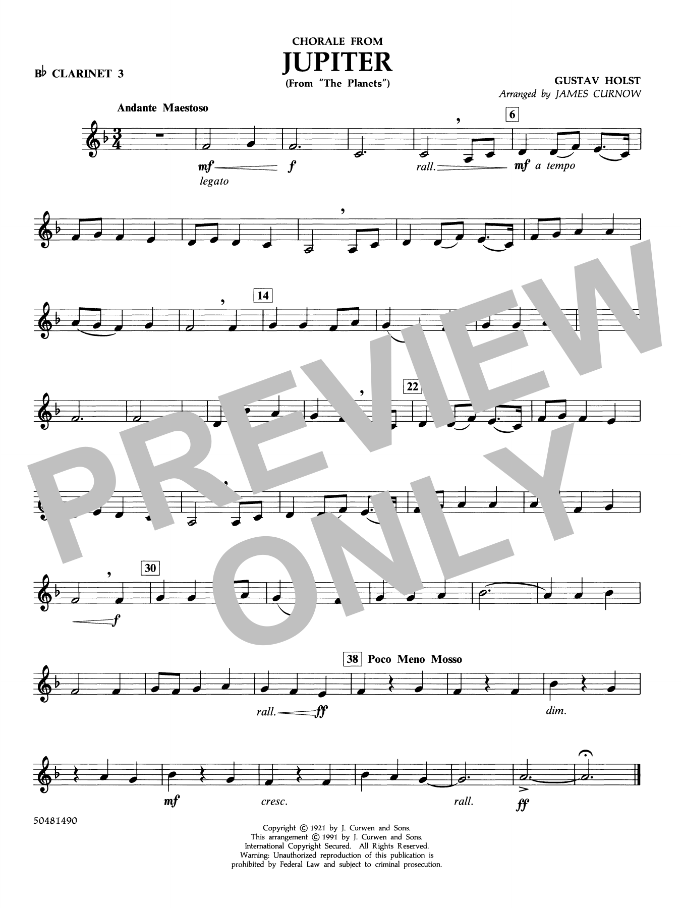 Chorale from Jupiter (from The Planets) (arr. Curnow) - Bb Clarinet 3