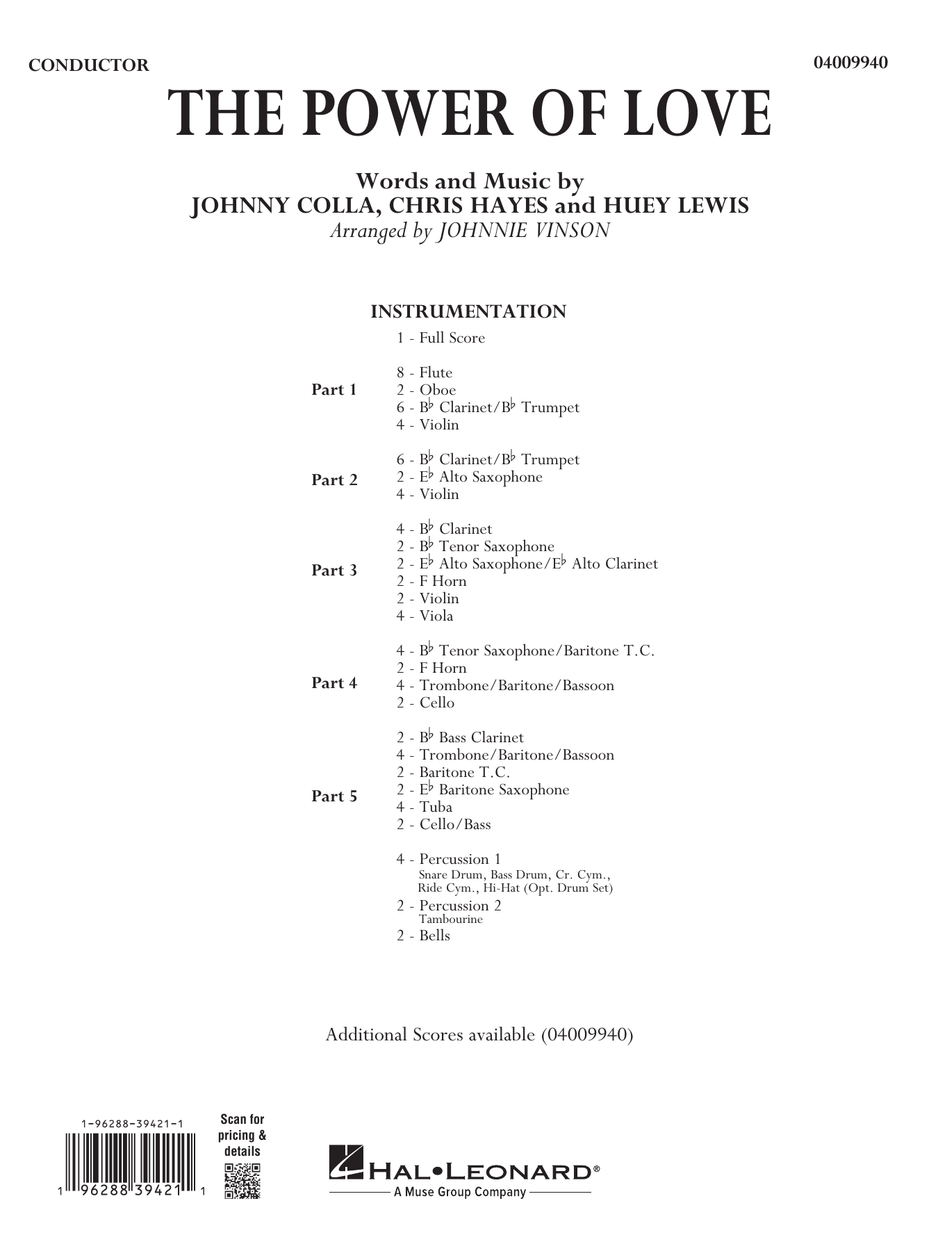 The Power Of Love (arr. Johnnie Vinson): Concert Band Conductor Score & Parts