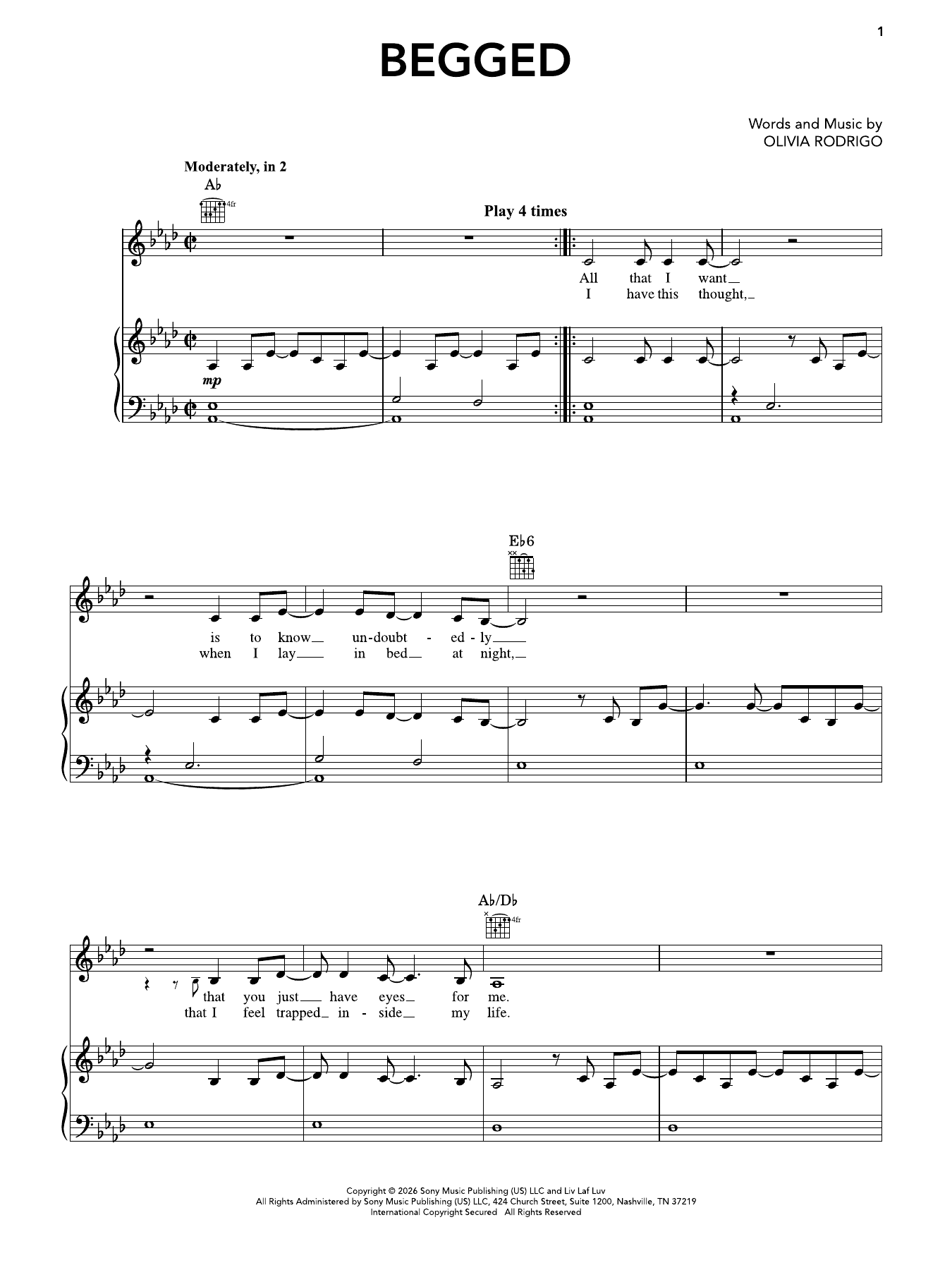 begged: Piano/Vocal/Guitar Sheet
