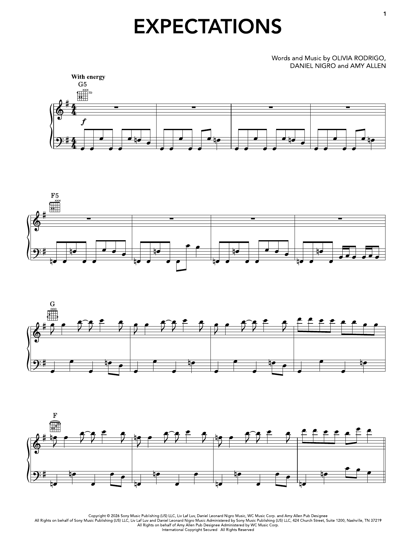 expectations: Piano/Vocal/Guitar Sheet