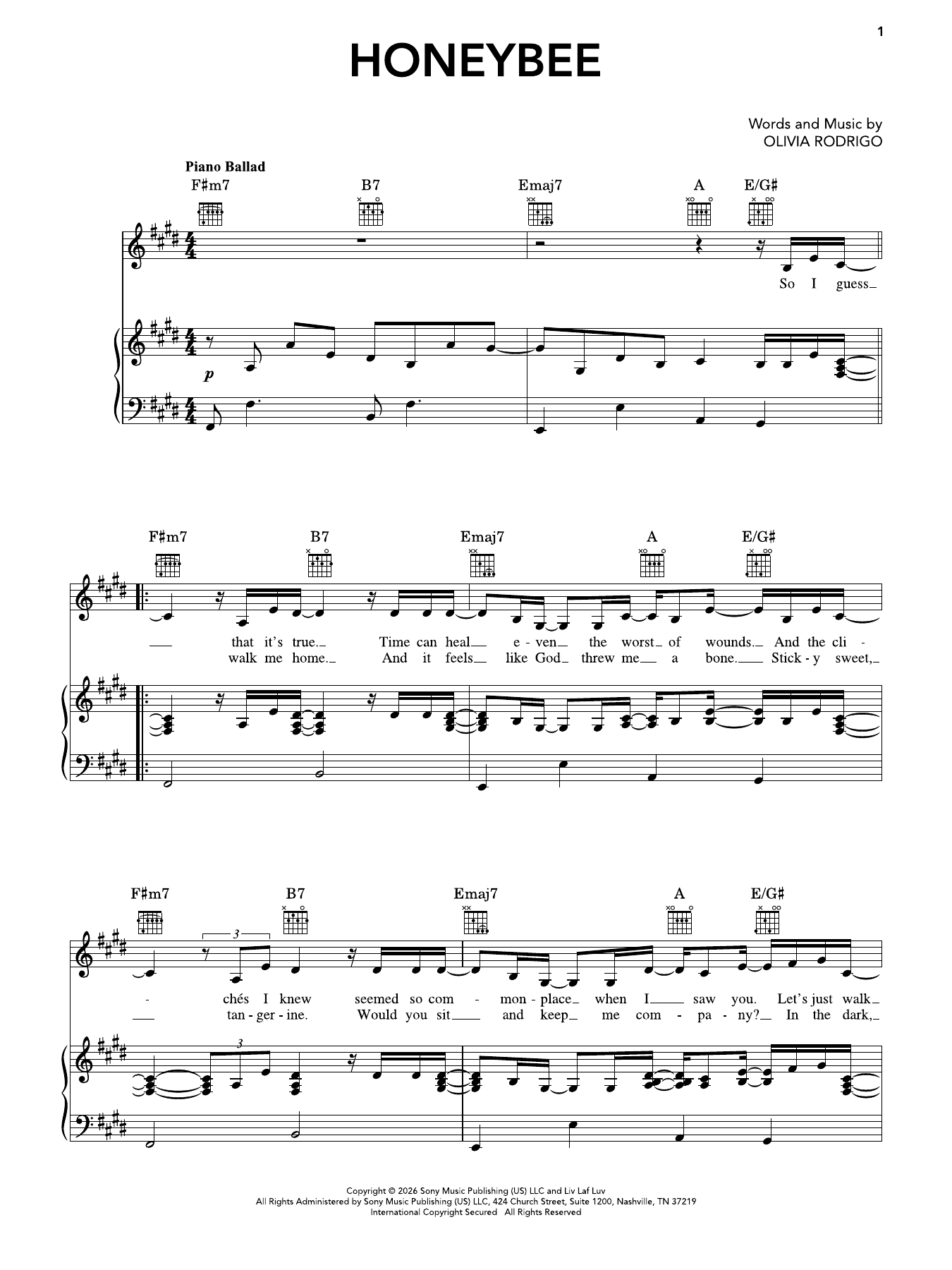 honeybee: Piano/Vocal/Guitar Sheet