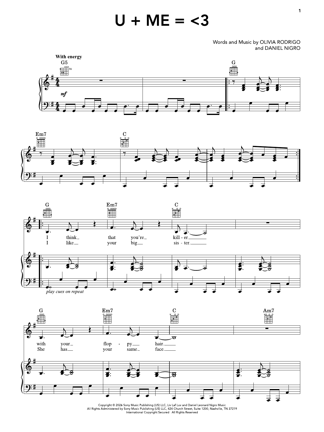 u + me = 3: Piano/Vocal/Guitar Sheet