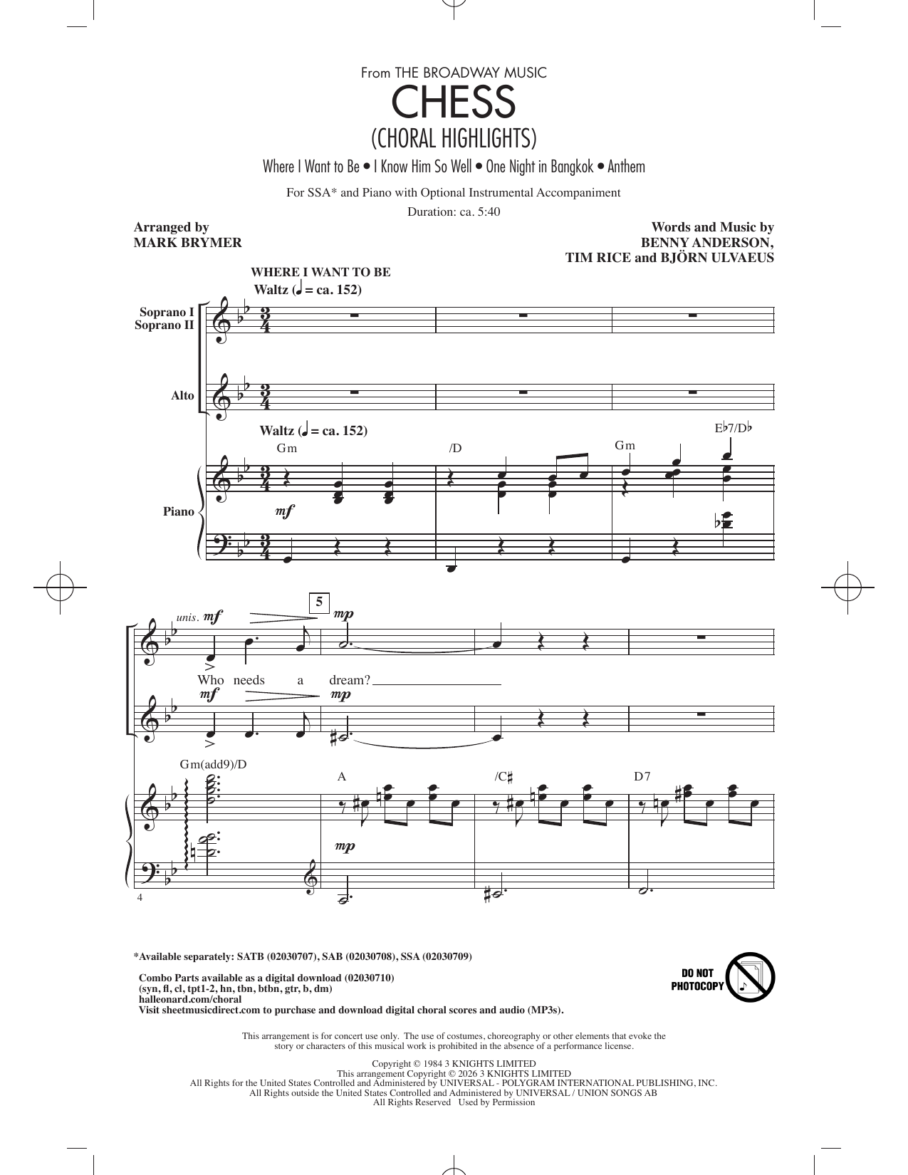 Chess (Choral Highlights) (arr. Mark Brymer): SSA Choral Octavo