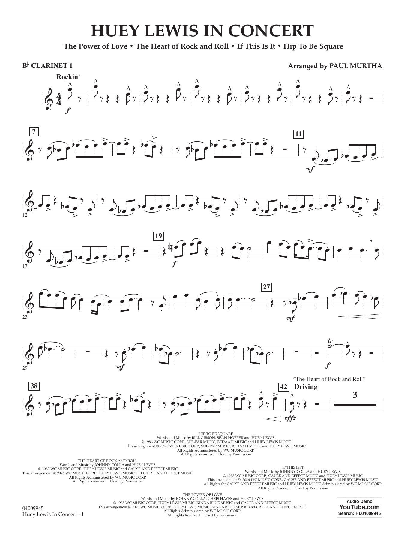 Huey Lewis In Concert - Bb Clarinet 1