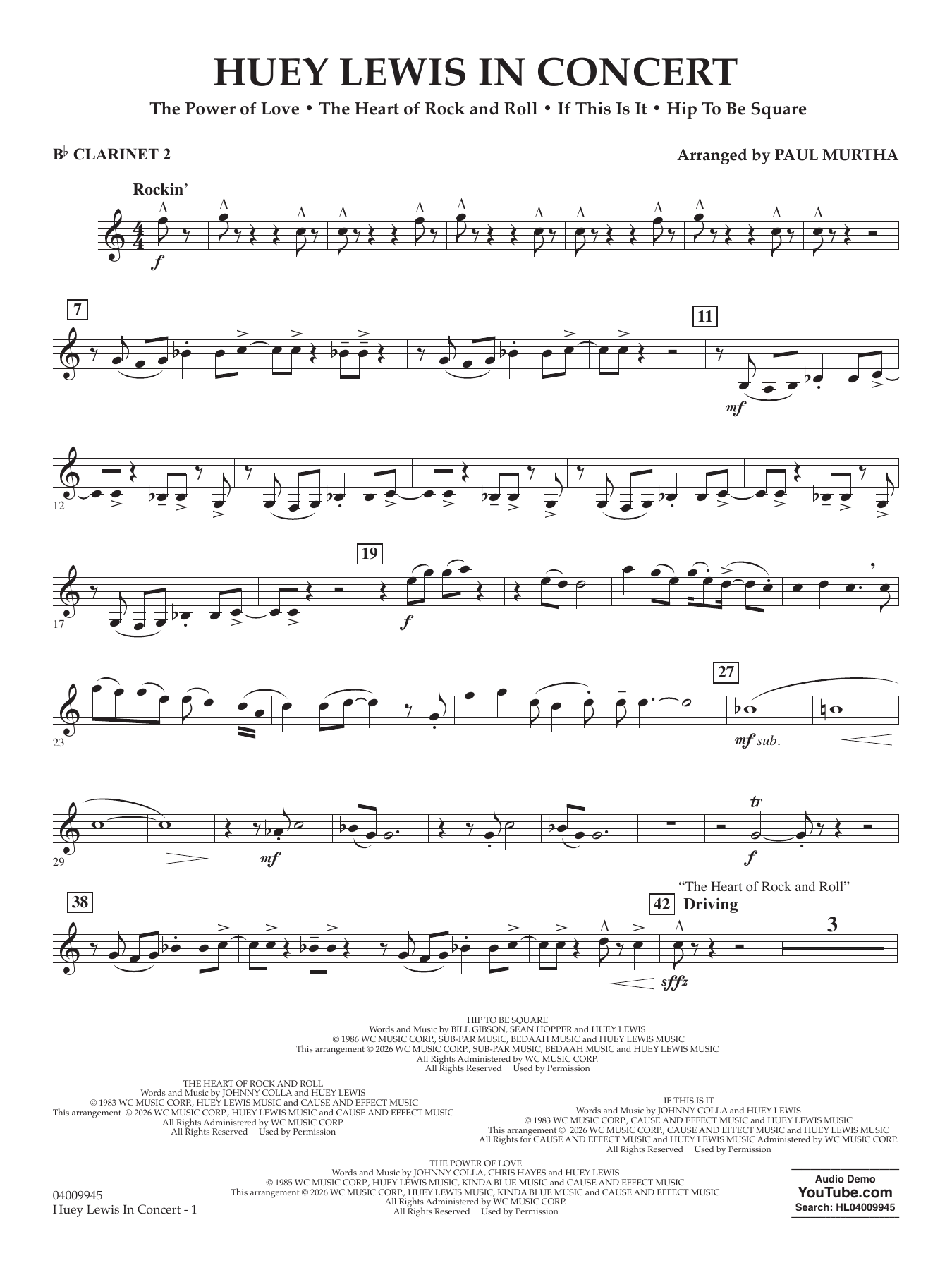 Huey Lewis In Concert - Bb Clarinet 2