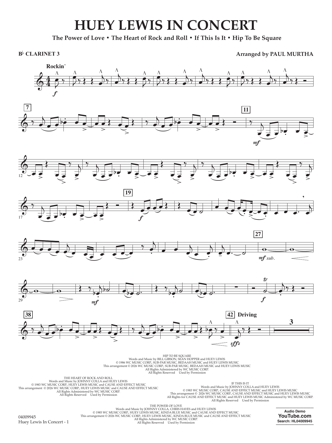 Huey Lewis In Concert - Bb Clarinet 3