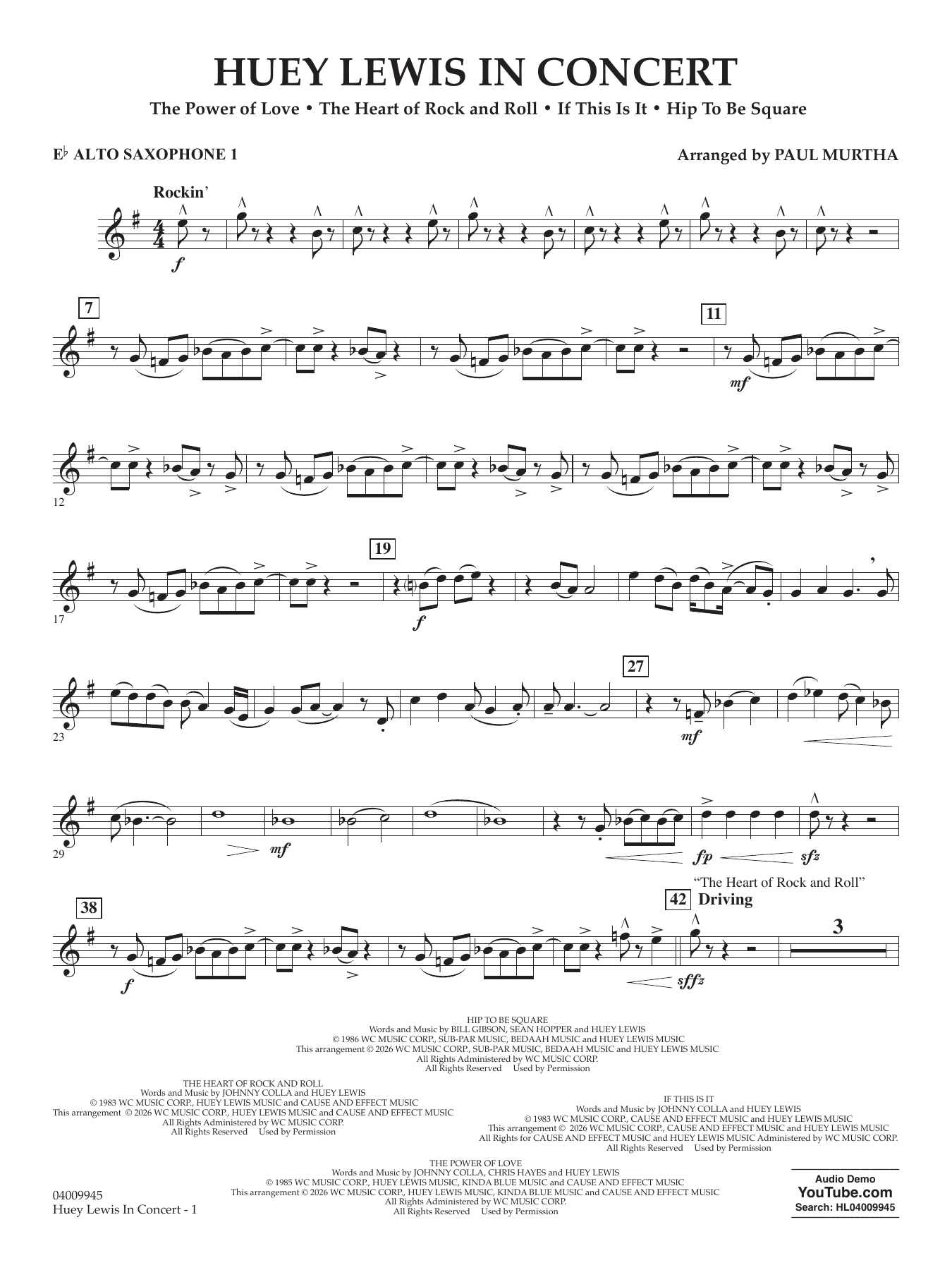 Huey Lewis In Concert - Eb Alto Saxophone 1