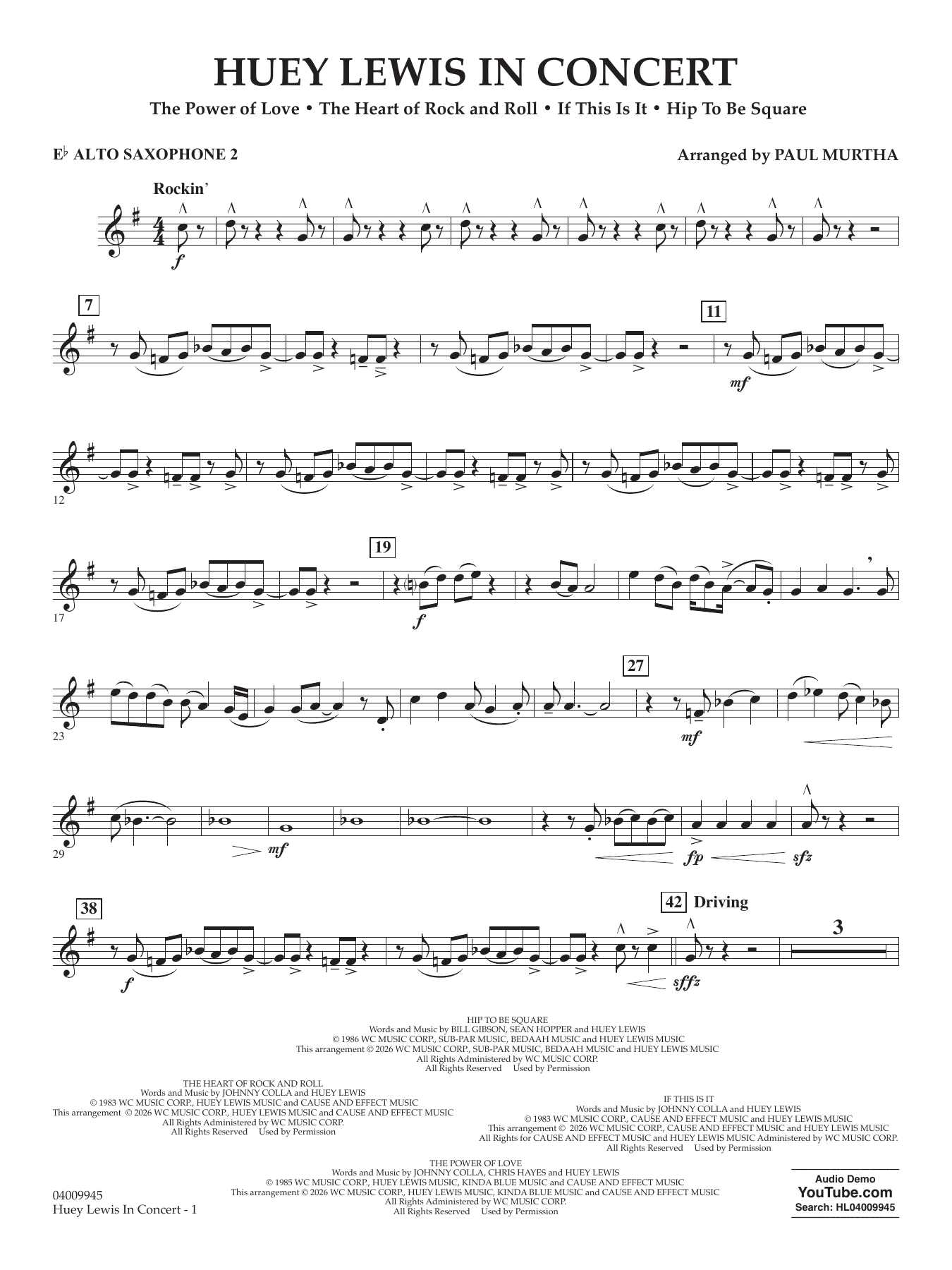 Huey Lewis In Concert - Eb Alto Saxophone 2