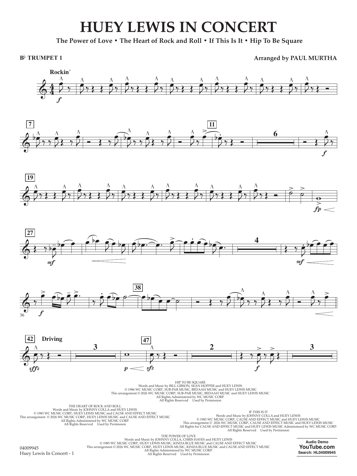 Huey Lewis In Concert - Bb Trumpet 1