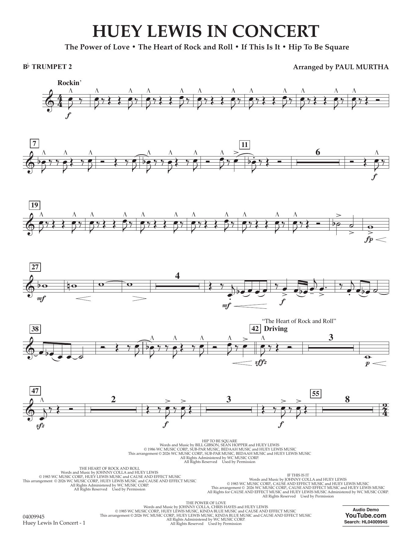 Huey Lewis In Concert - Bb Trumpet 2