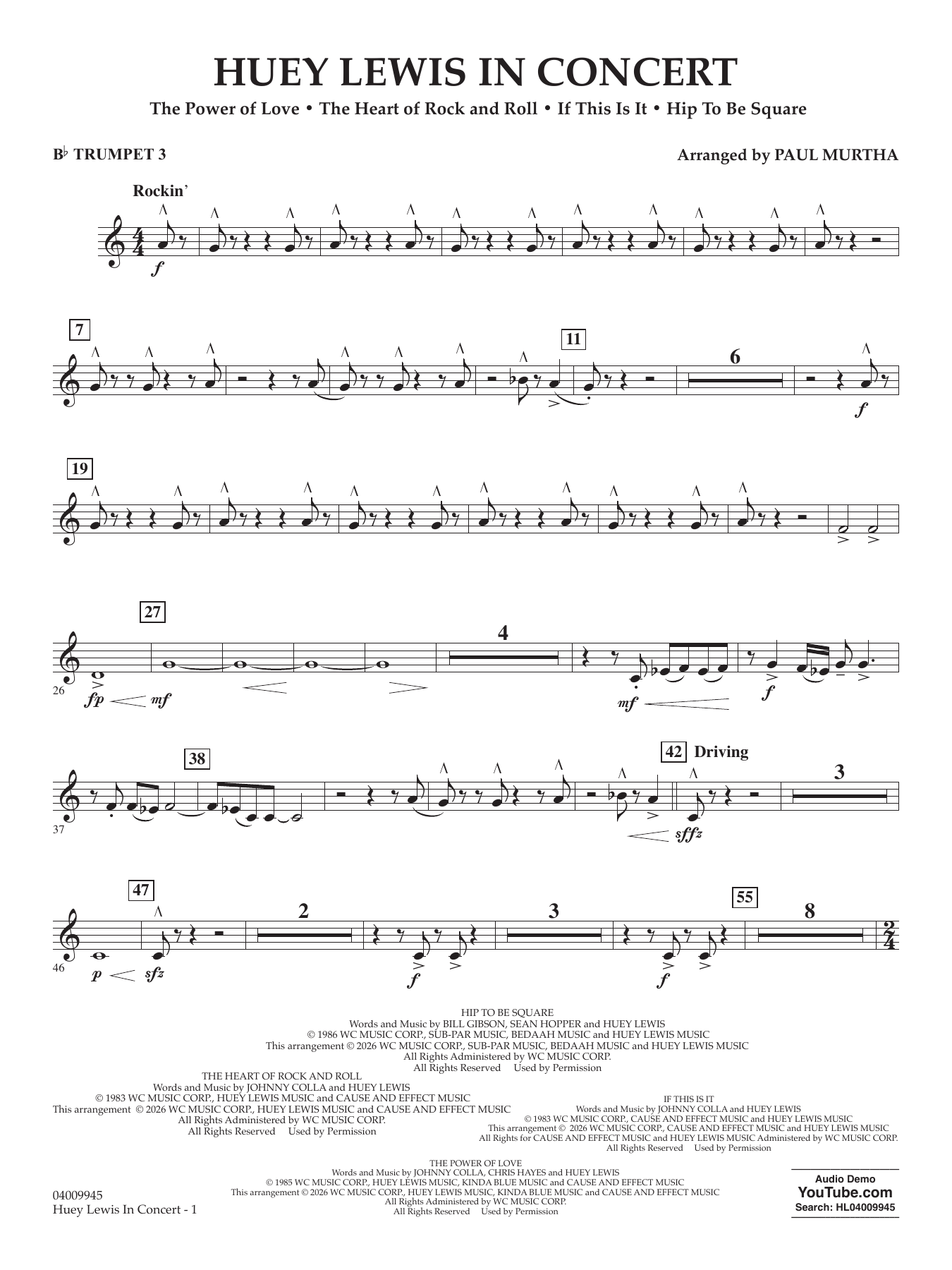 Huey Lewis In Concert - Bb Trumpet 3