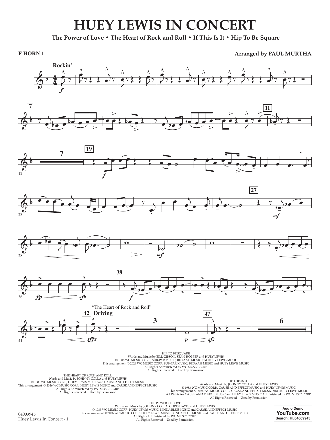 Huey Lewis In Concert - F Horn 1