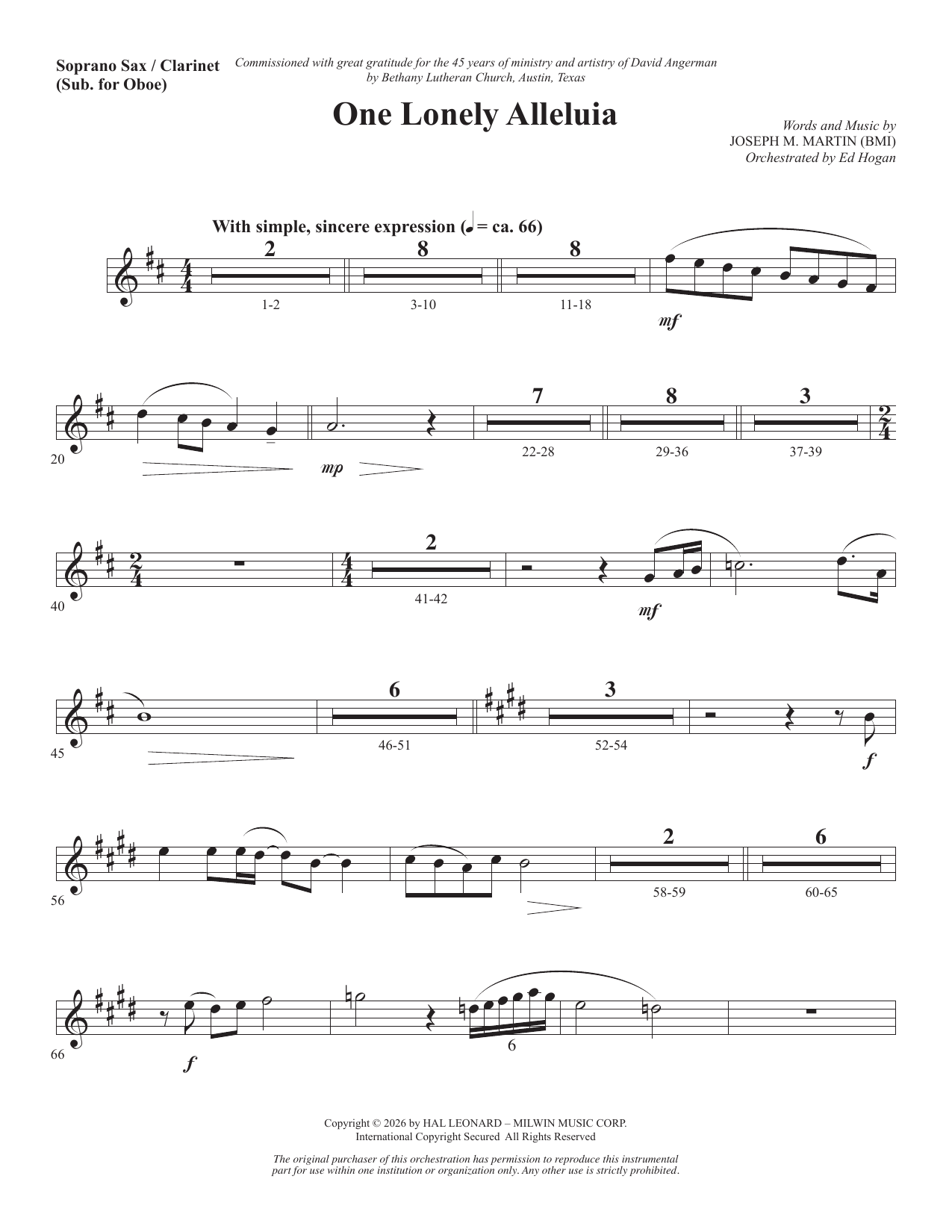 One Lonely Alleluia - Soprano Sax/Clarinet(sub oboe): Choral Instrumental Pak