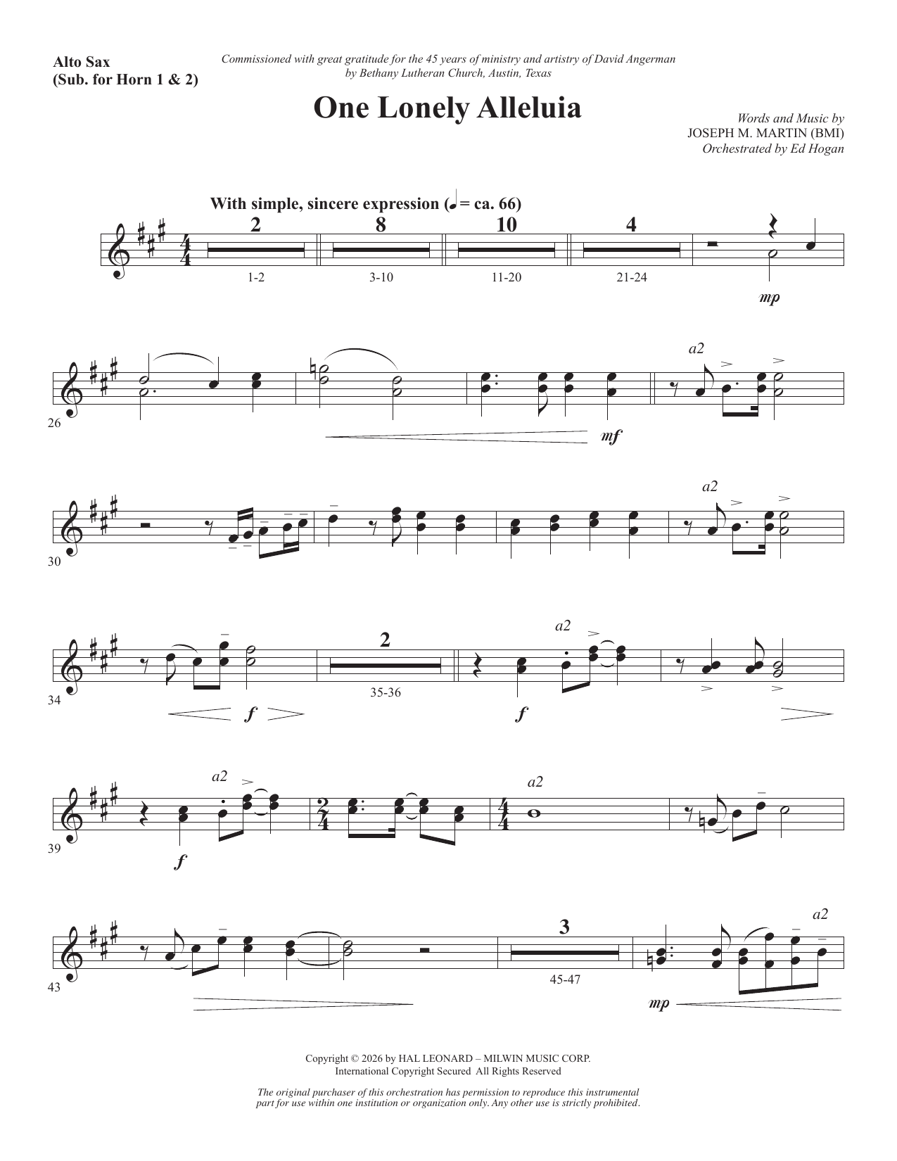 One Lonely Alleluia - Alto Sax (sub. Horn 1 2): Choral Instrumental Pak
