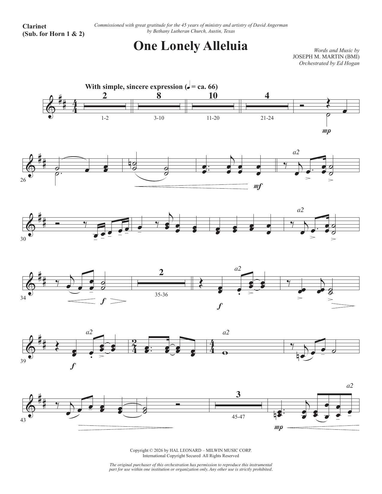 One Lonely Alleluia - Clarinet (sub. Horn 1-2): Choral Instrumental Pak