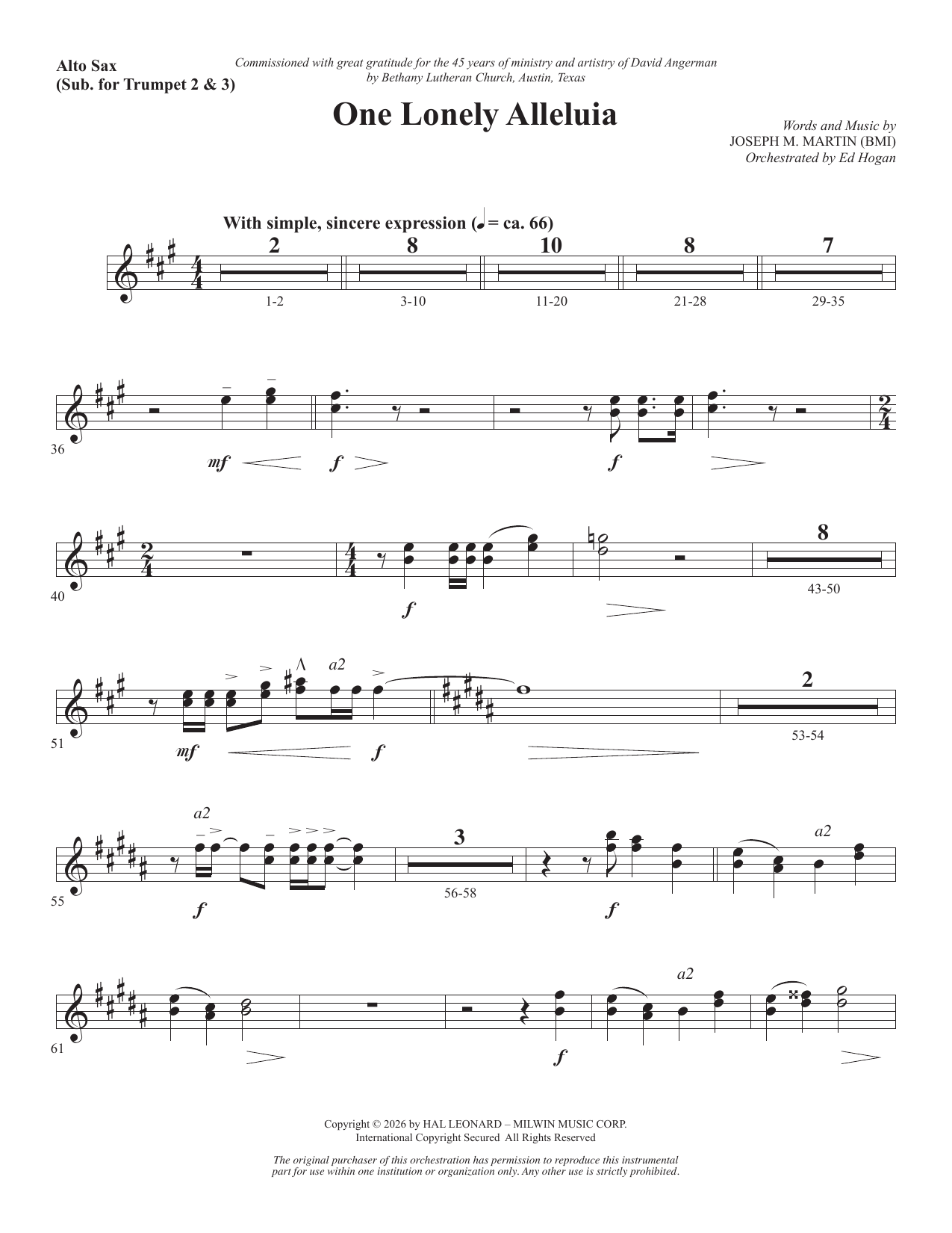 One Lonely Alleluia - Alto Sax (sub. Trumpet 2-3): Choral Instrumental Pak