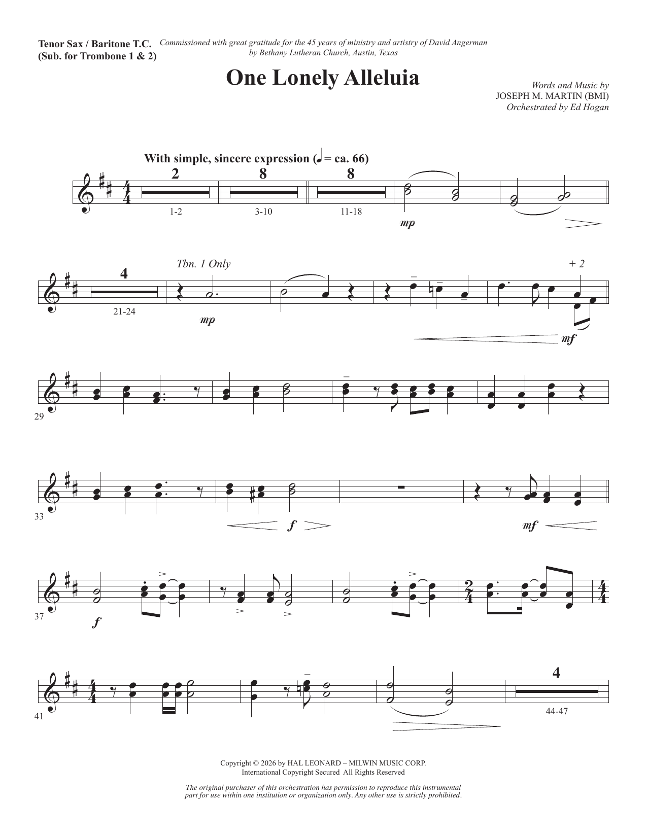 One Lonely Alleluia - Tenor Sax/BariTC (sub Tbn 1-2): Choral Instrumental Pak