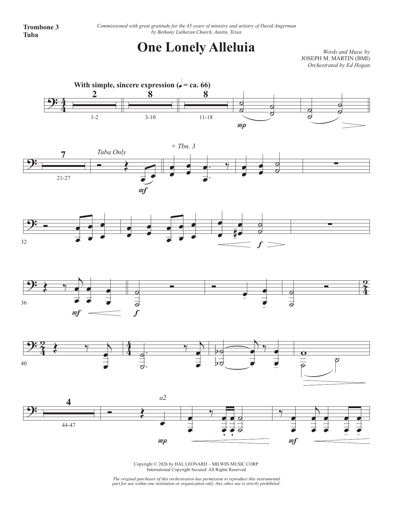 One Lonely Alleluia - Trombone 3/Tuba: Choral Instrumental Pak