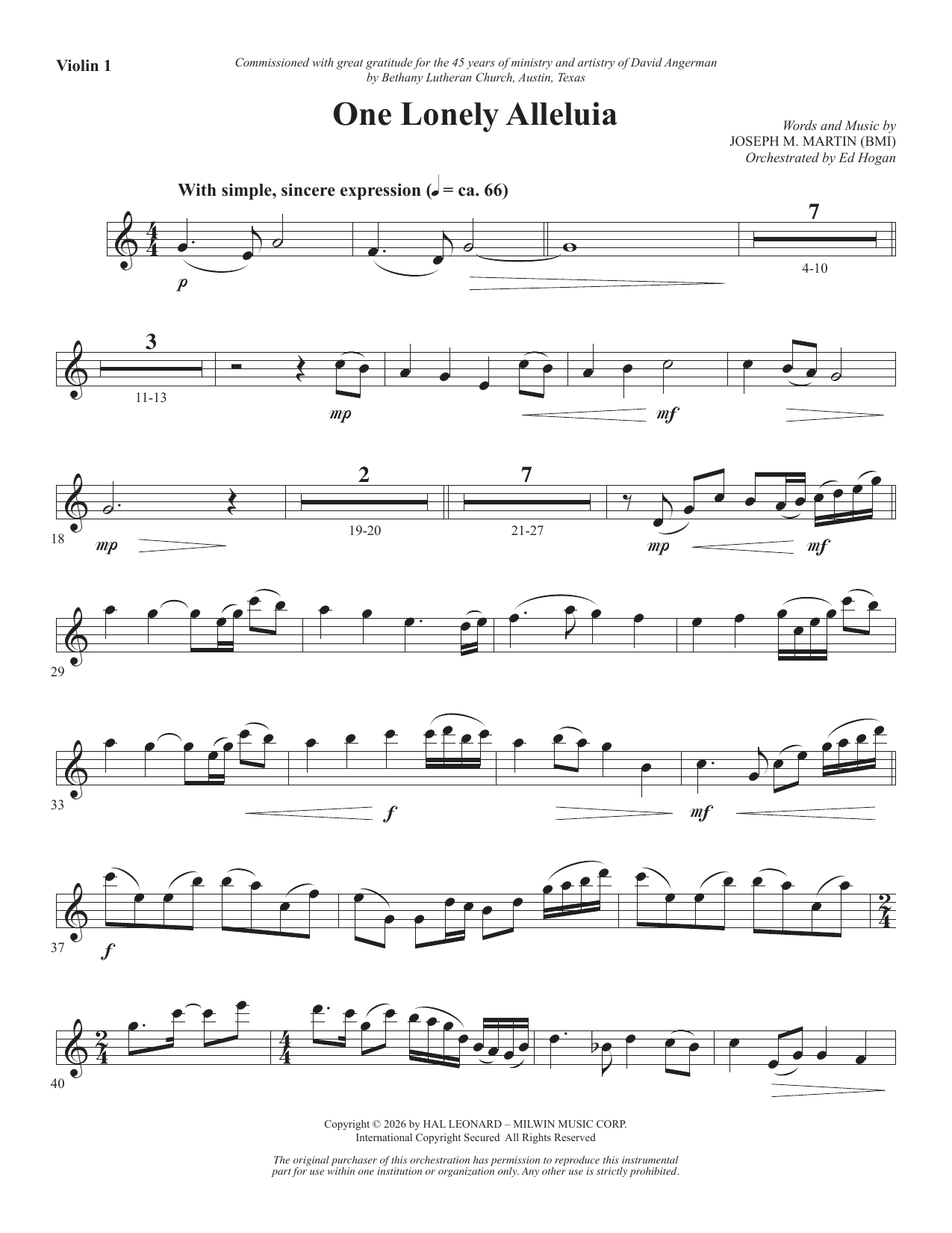 One Lonely Alleluia - Violin 1: Choral Instrumental Pak