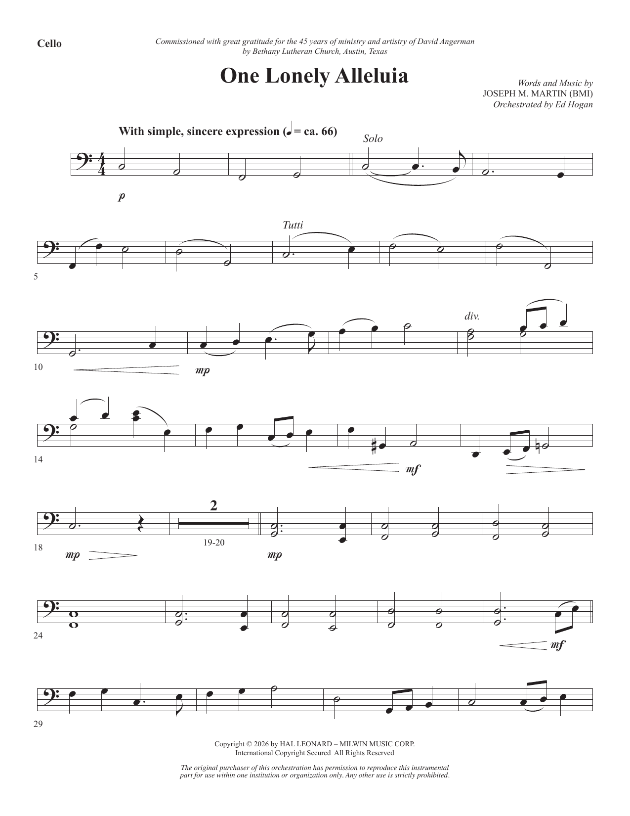 One Lonely Alleluia - Cello: Choral Instrumental Pak
