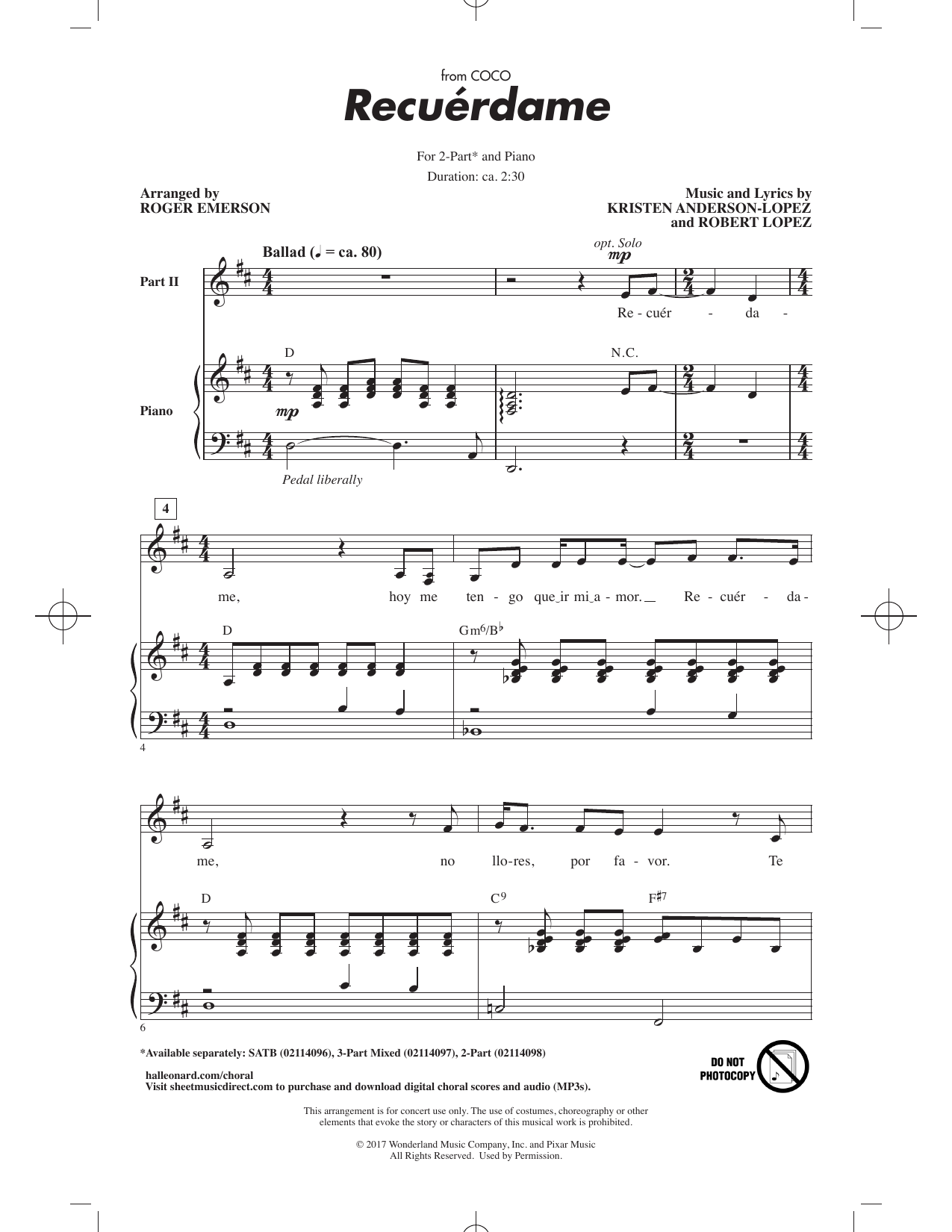 Recuérdame (from Coco) (arr. Roger Emerson): 2-Part Choral Octavo