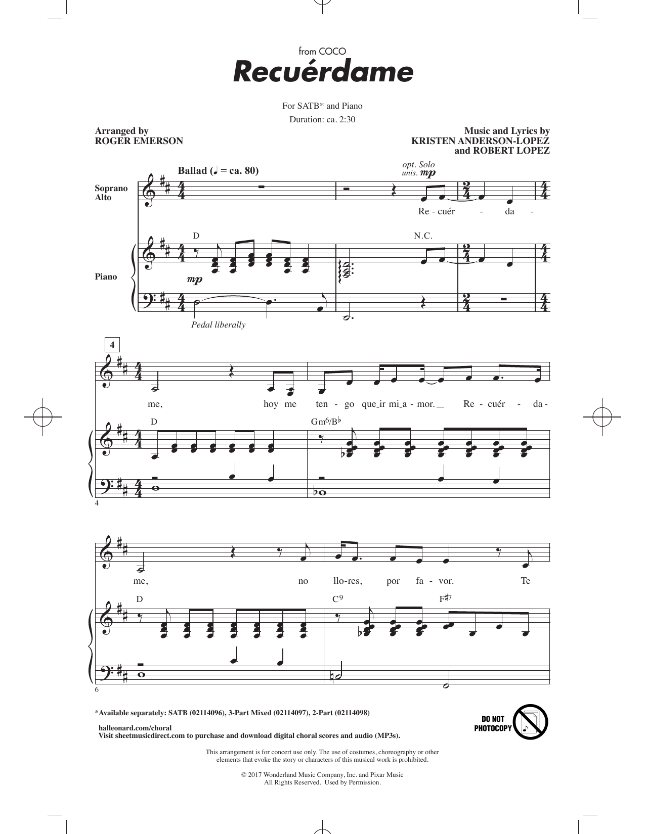 Recuérdame (from Coco) (arr. Roger Emerson): SATB Choral Octavo