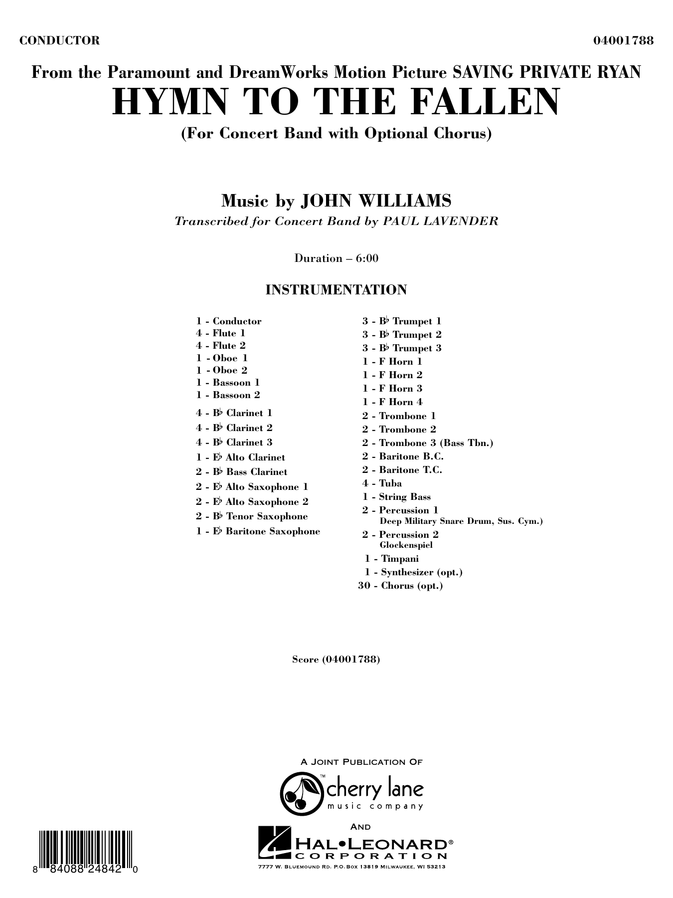 Hymn to the Fallen (from Saving Private Ryan) (arr. Paul Lavender): Concert Band Conductor Score & Parts