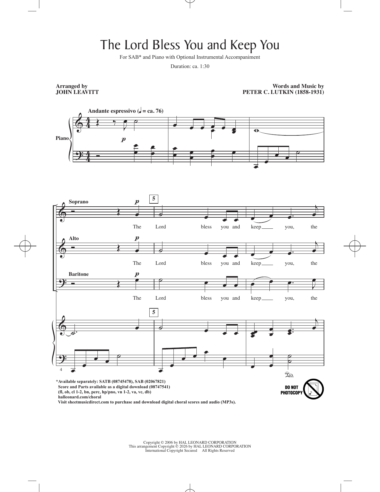 The Lord Bless You And Keep You (arr. John Leavitt): SAB Choral Octavo