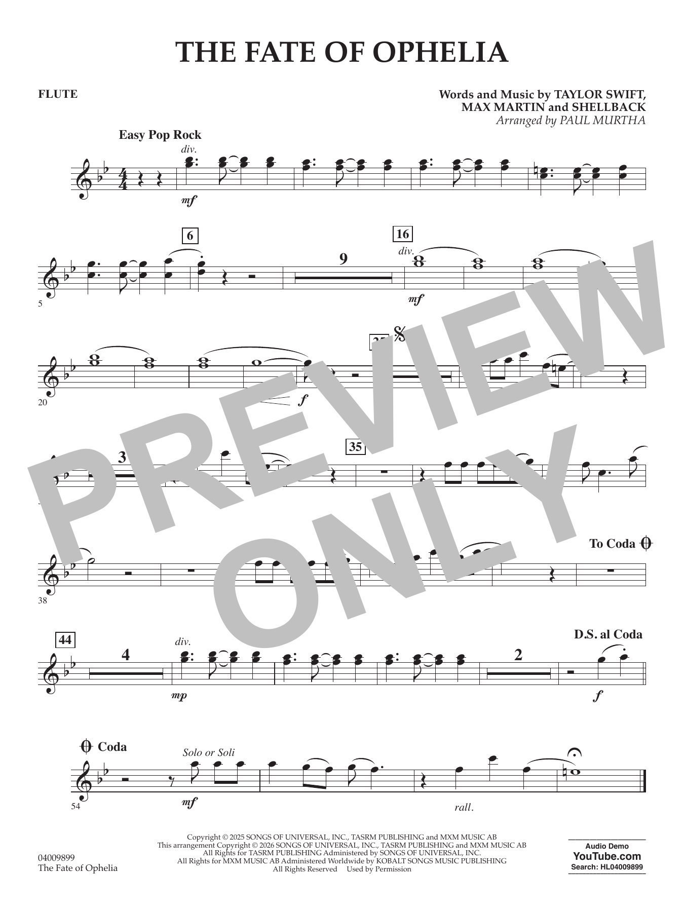 The Fate Of Ophelia (arr. Paul Murtha) - Flute