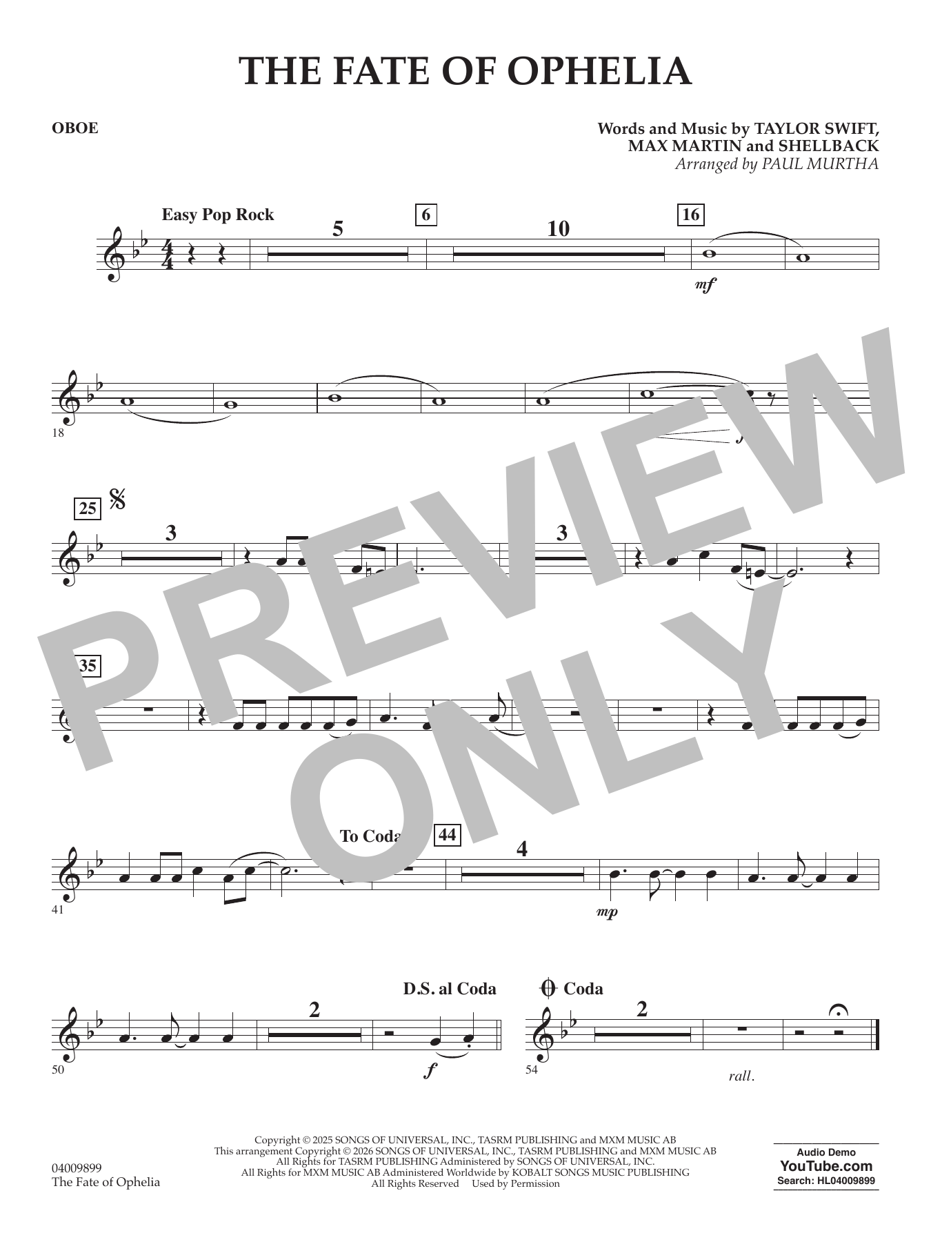 The Fate Of Ophelia (arr. Paul Murtha) - Oboe