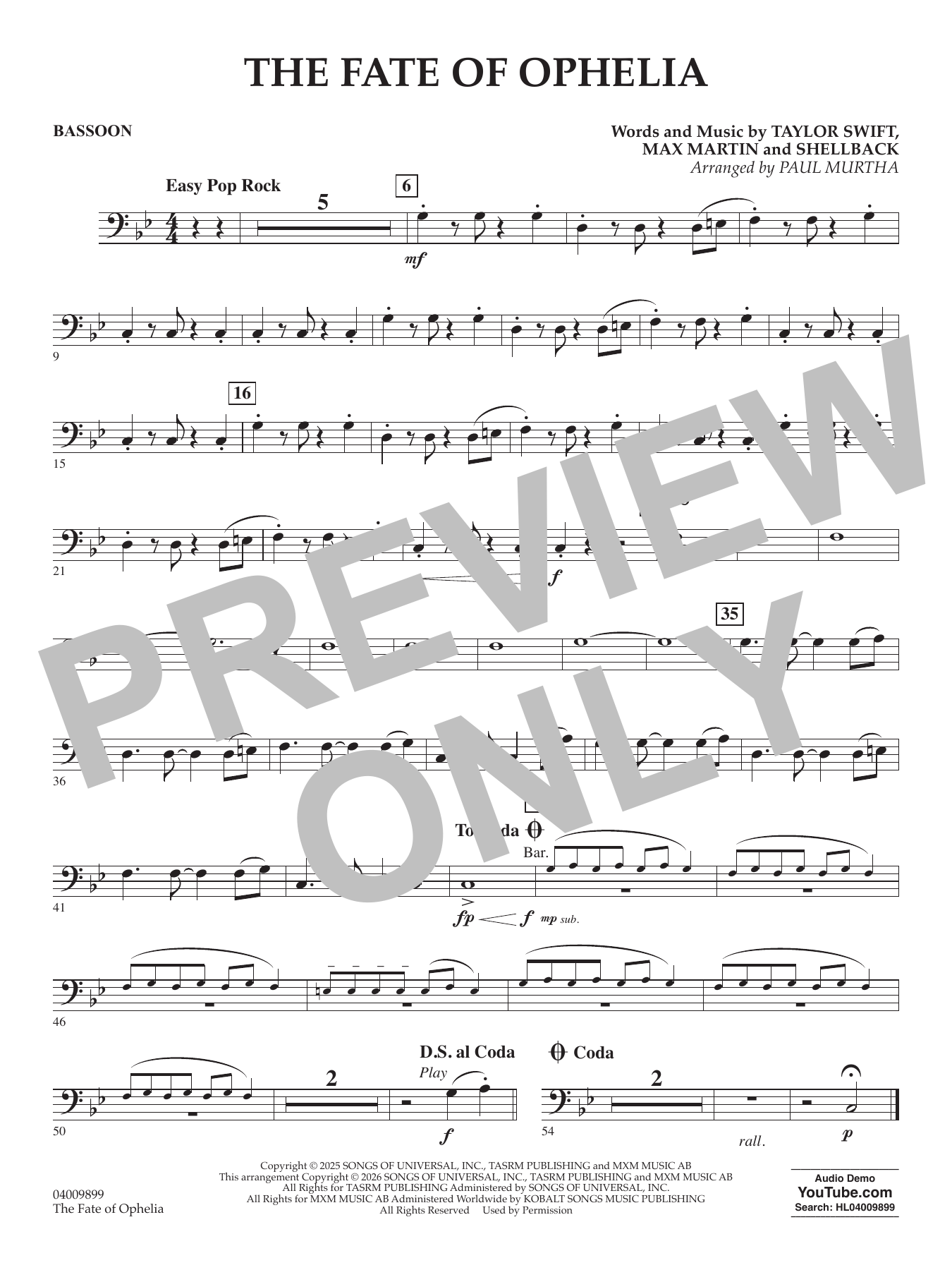 The Fate Of Ophelia (arr. Paul Murtha) - Bassoon