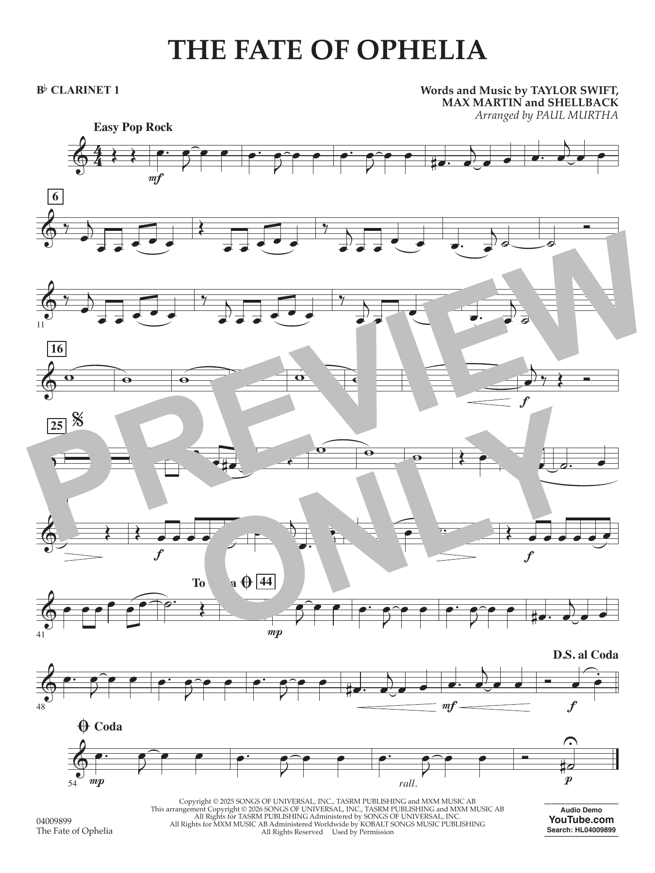 The Fate Of Ophelia (arr. Paul Murtha) - Bb Clarinet 1
