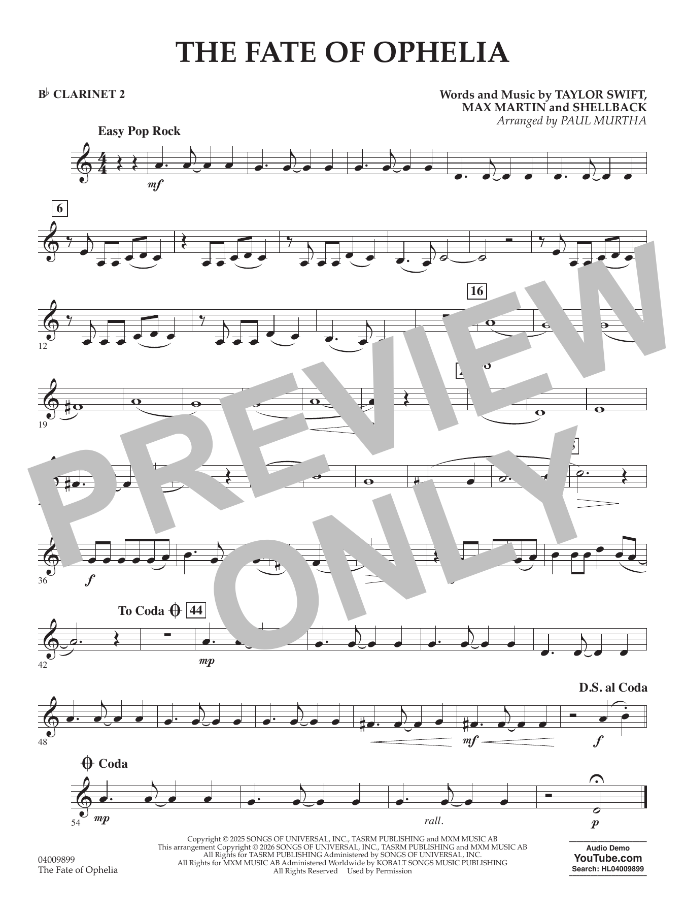 The Fate Of Ophelia (arr. Paul Murtha) - Bb Clarinet 2