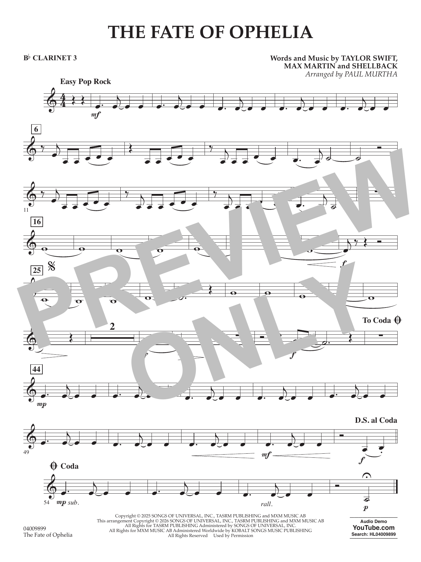 The Fate Of Ophelia (arr. Paul Murtha) - Bb Clarinet 3