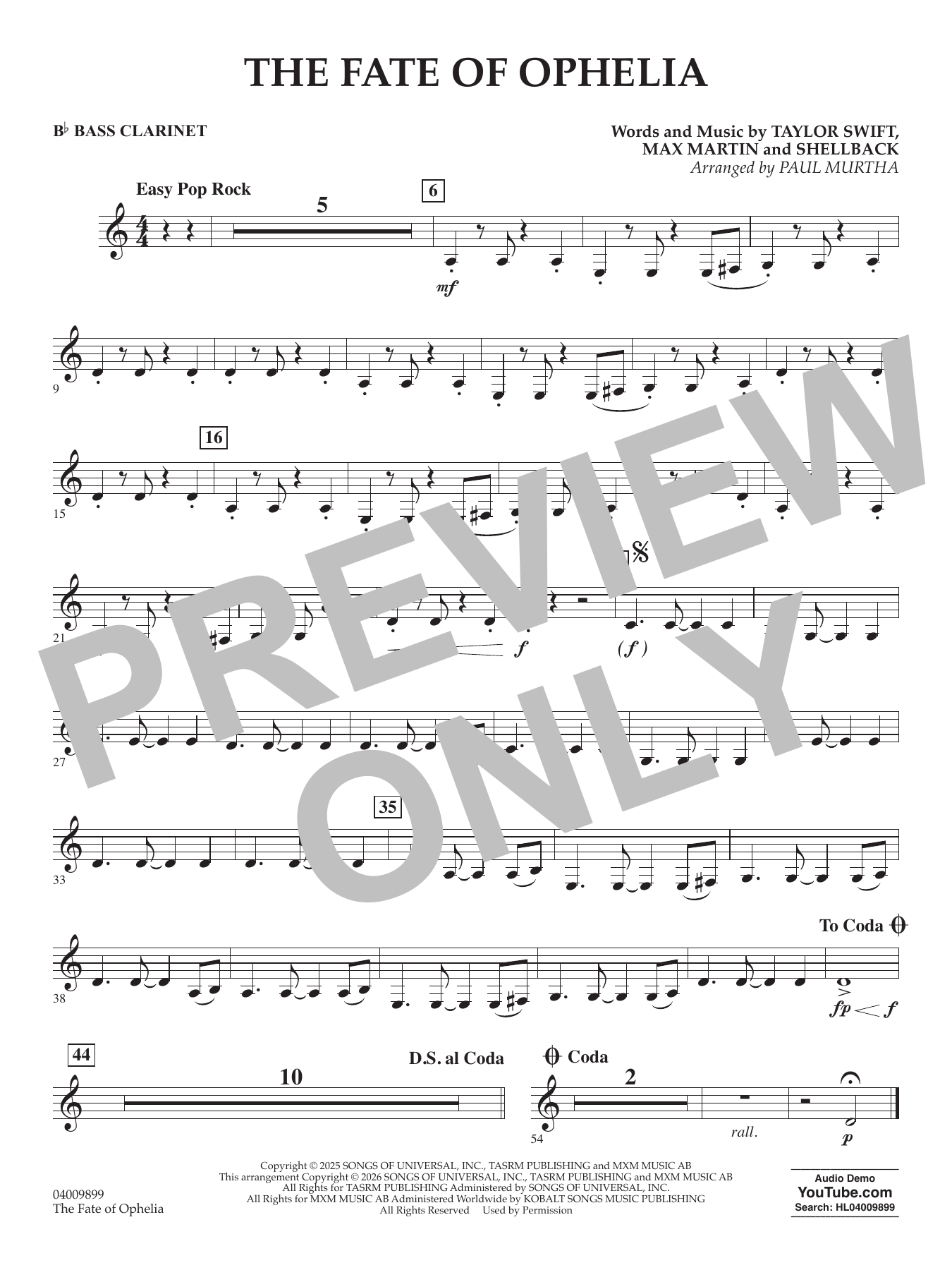 The Fate Of Ophelia (arr. Paul Murtha) - Bb Bass Clarinet