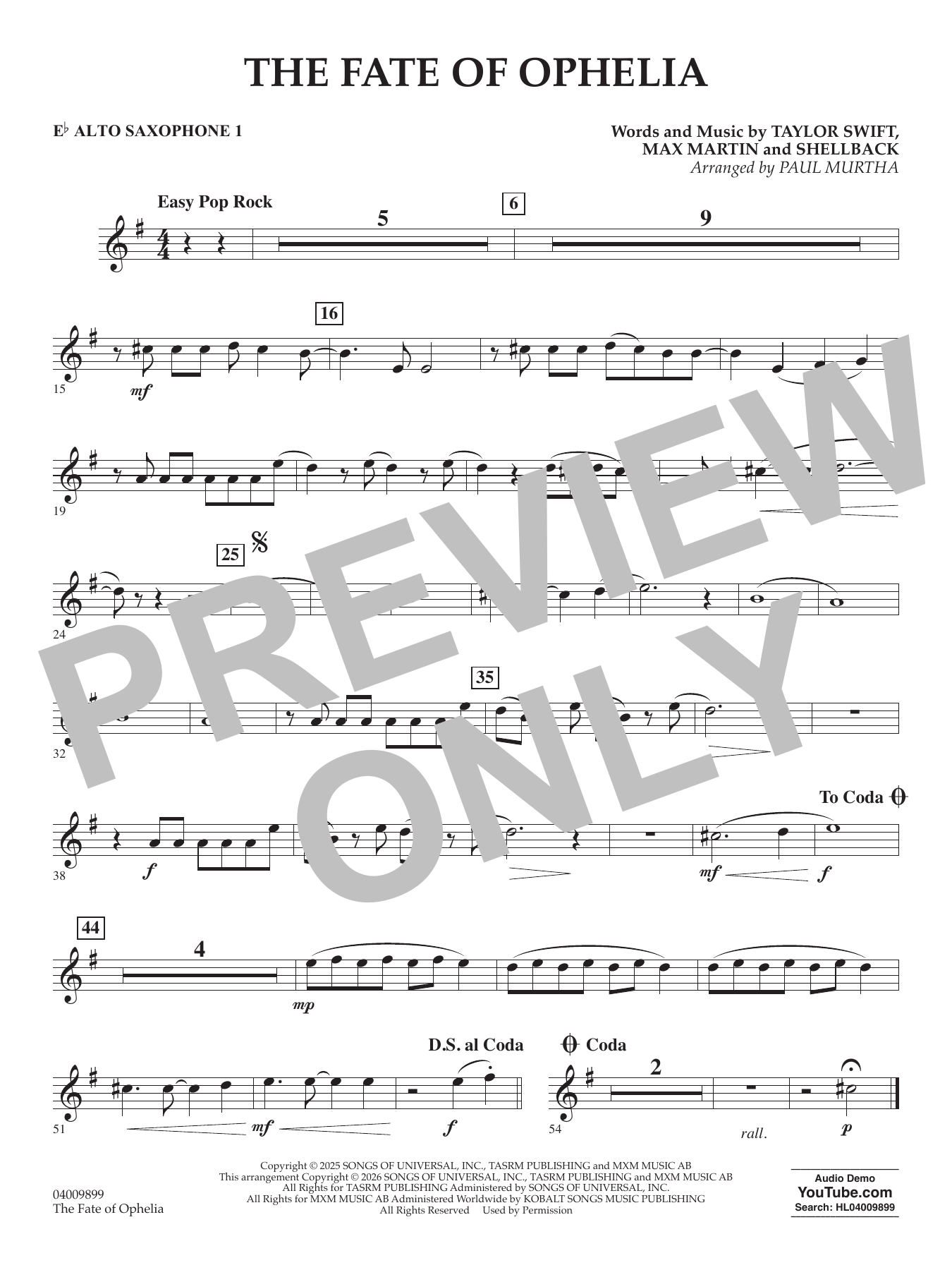 The Fate Of Ophelia (arr. Paul Murtha) - Eb Alto Saxophone 1