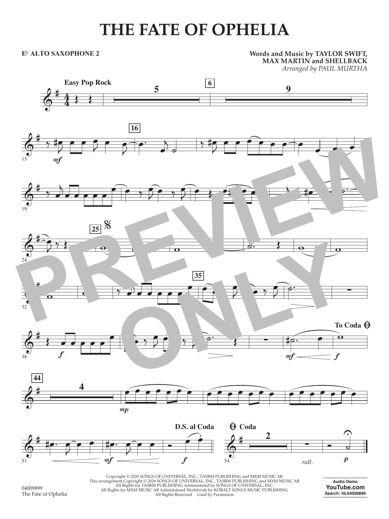 The Fate Of Ophelia (arr. Paul Murtha) - Eb Alto Saxophone 2