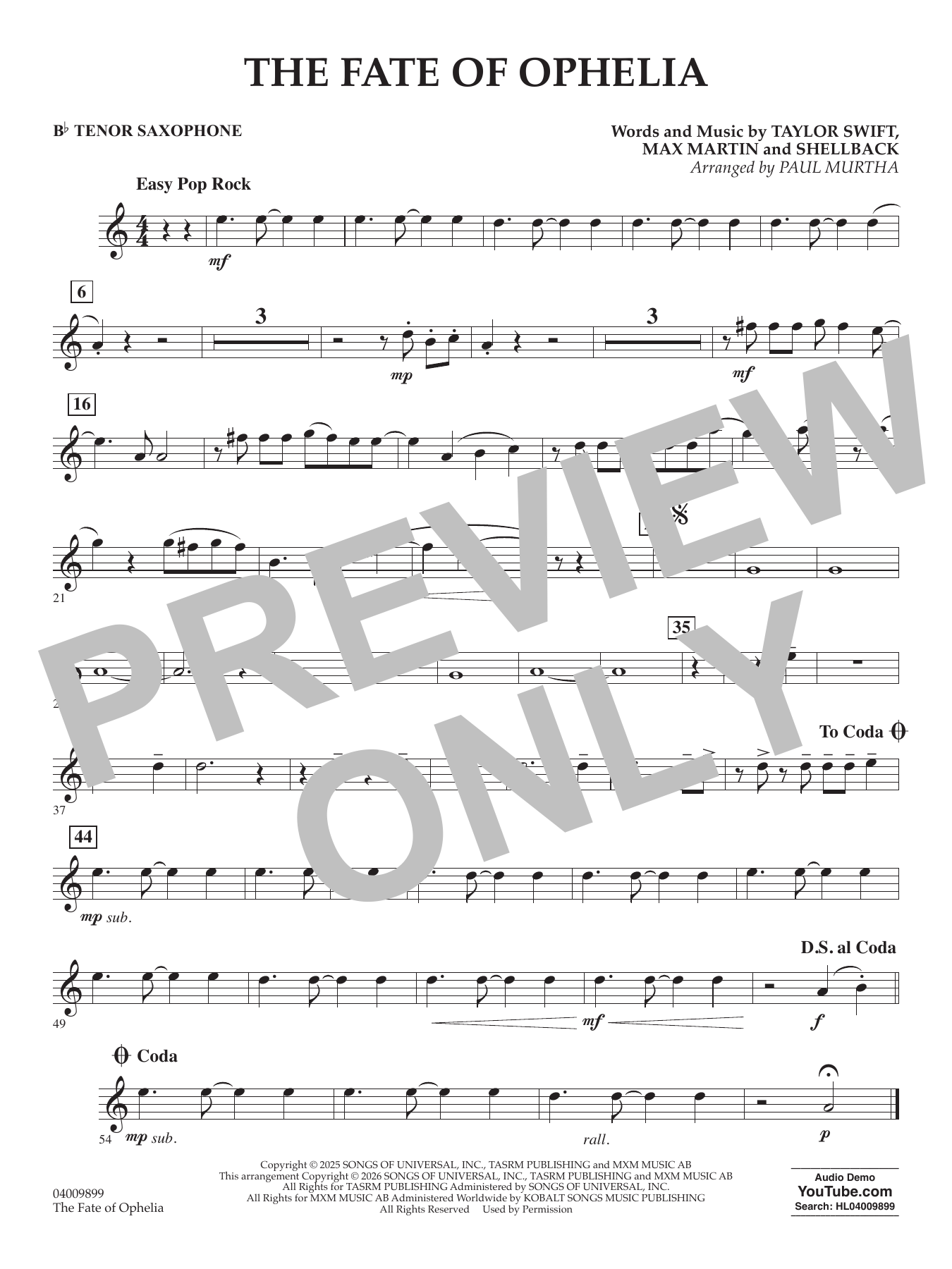 The Fate Of Ophelia (arr. Paul Murtha) - Bb Tenor Saxophone