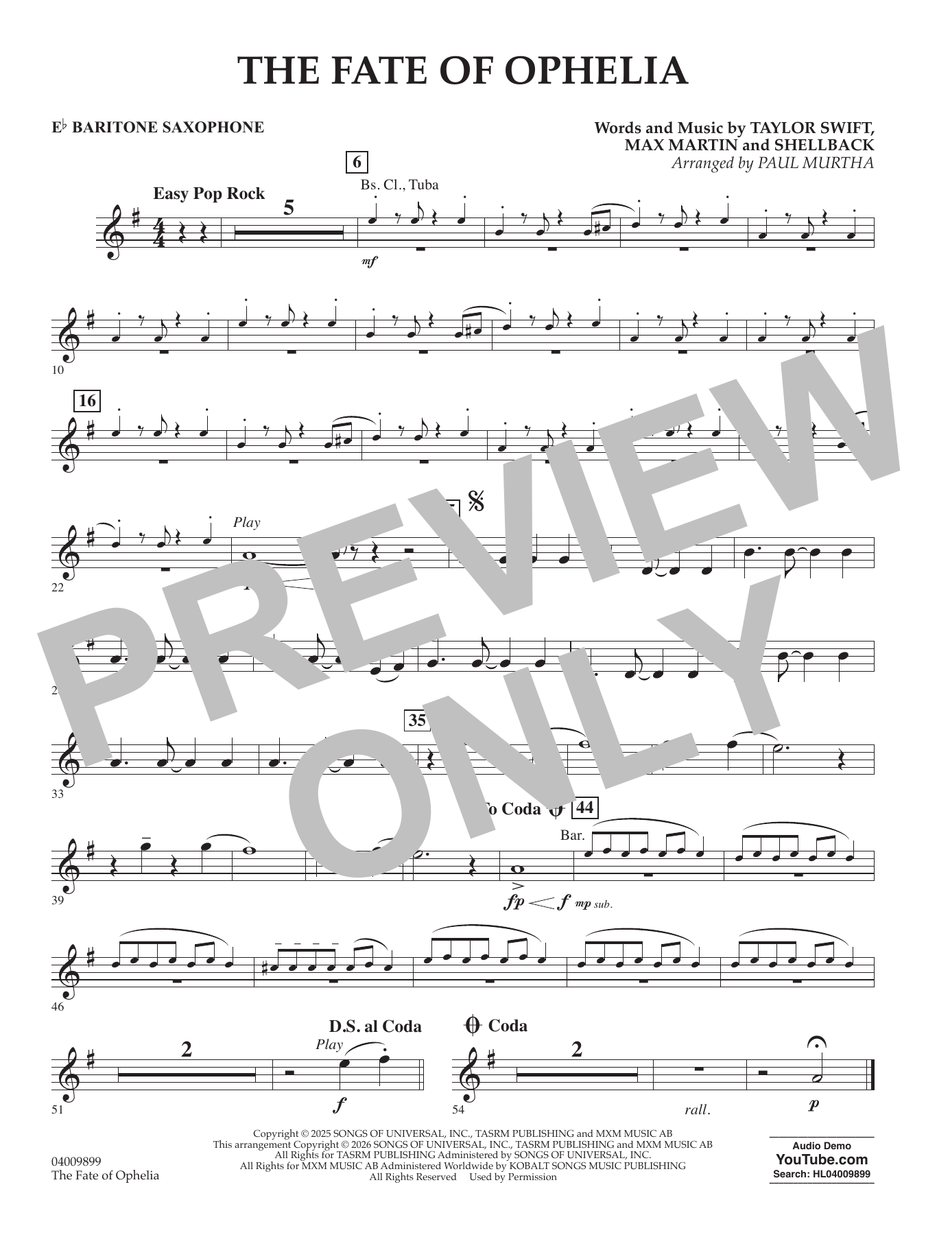 The Fate Of Ophelia (arr. Paul Murtha) - Eb Baritone Saxophone