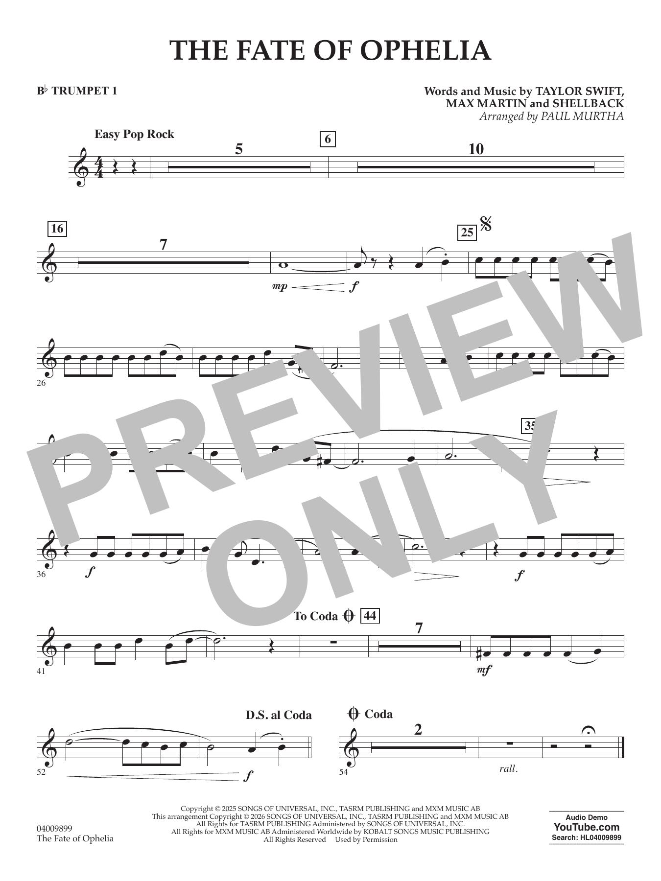 The Fate Of Ophelia (arr. Paul Murtha) - Bb Trumpet 1