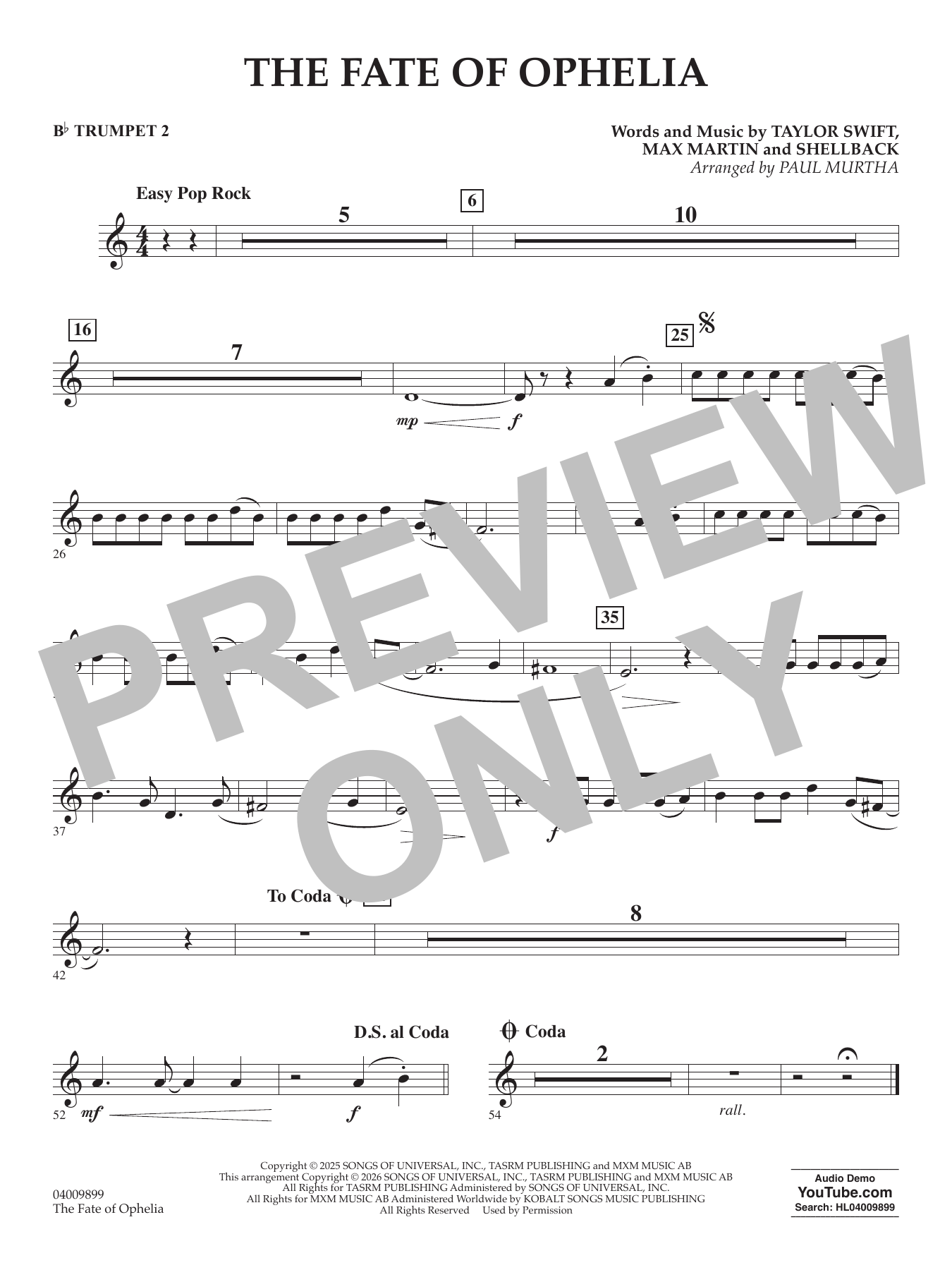 The Fate Of Ophelia (arr. Paul Murtha) - Bb Trumpet 2