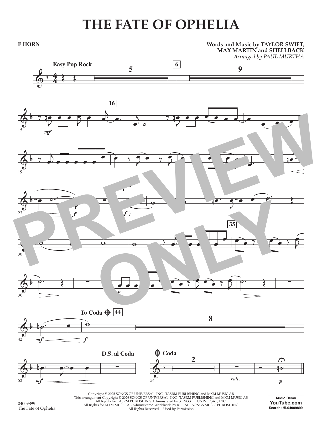 The Fate Of Ophelia (arr. Paul Murtha) - F Horn