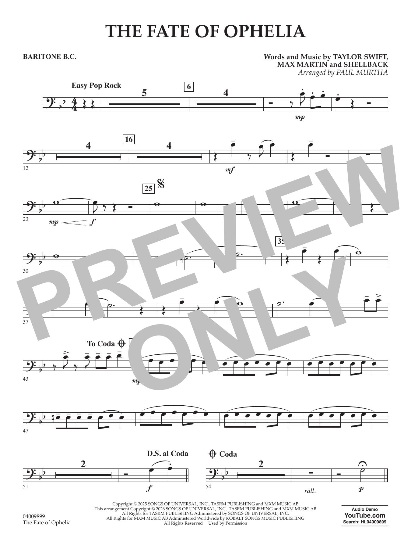 The Fate Of Ophelia (arr. Paul Murtha) - Baritone B.C.