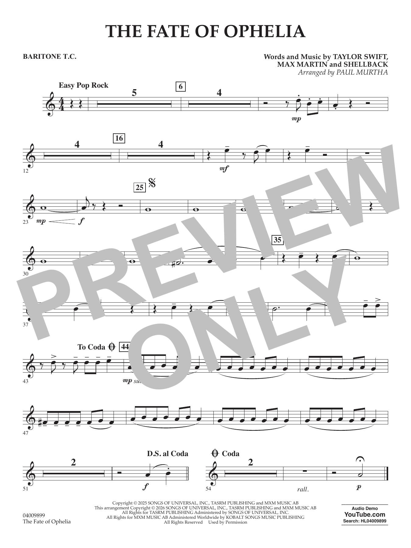 The Fate Of Ophelia (arr. Paul Murtha) - Baritone T.C.