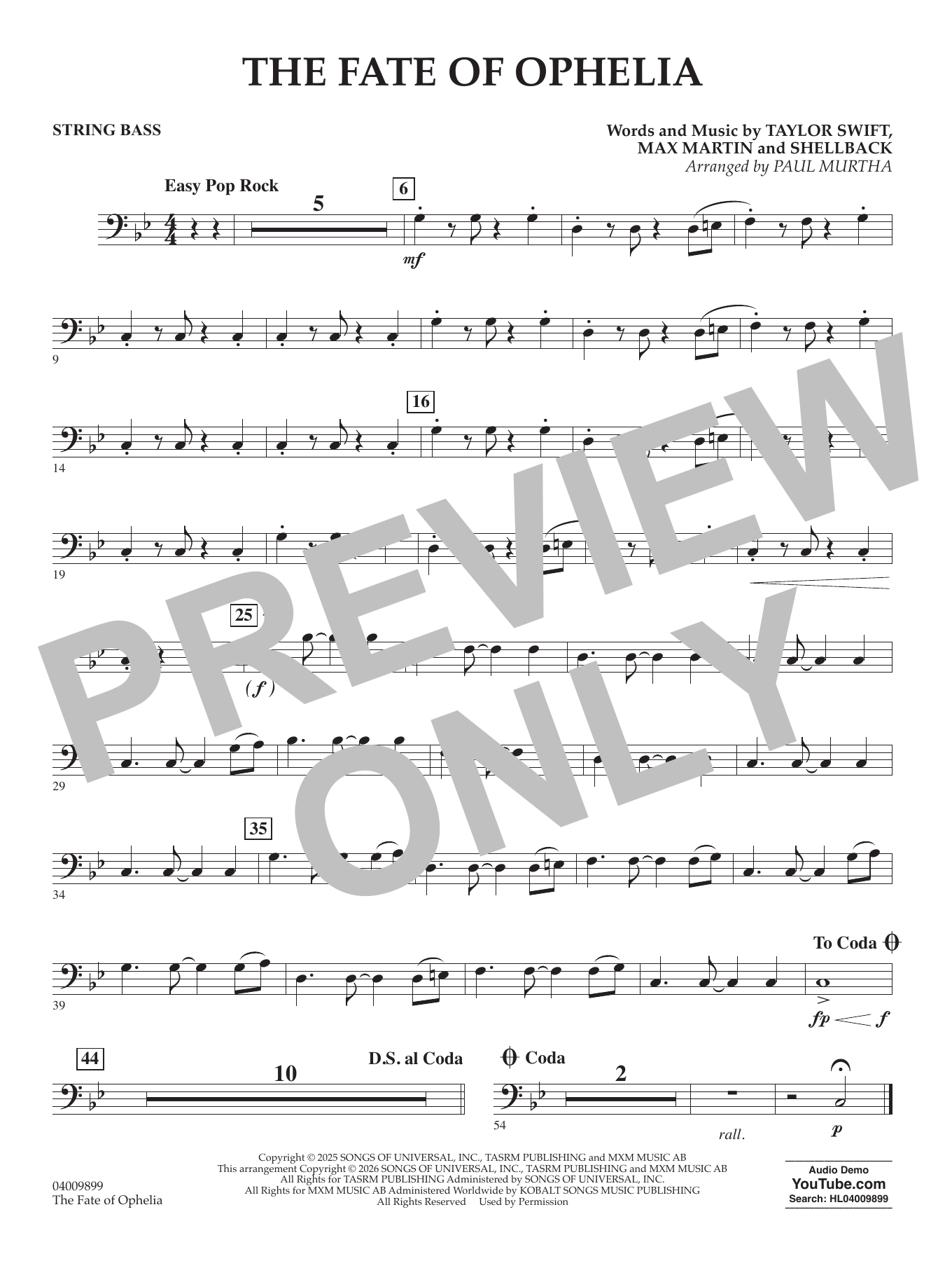 The Fate Of Ophelia (arr. Paul Murtha) - String Bass