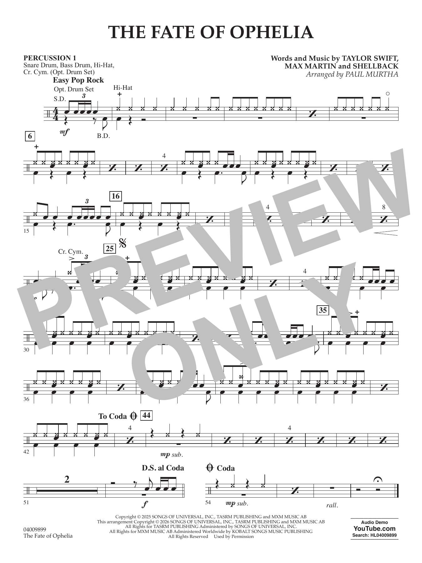 The Fate Of Ophelia (arr. Paul Murtha) - Percussion 1