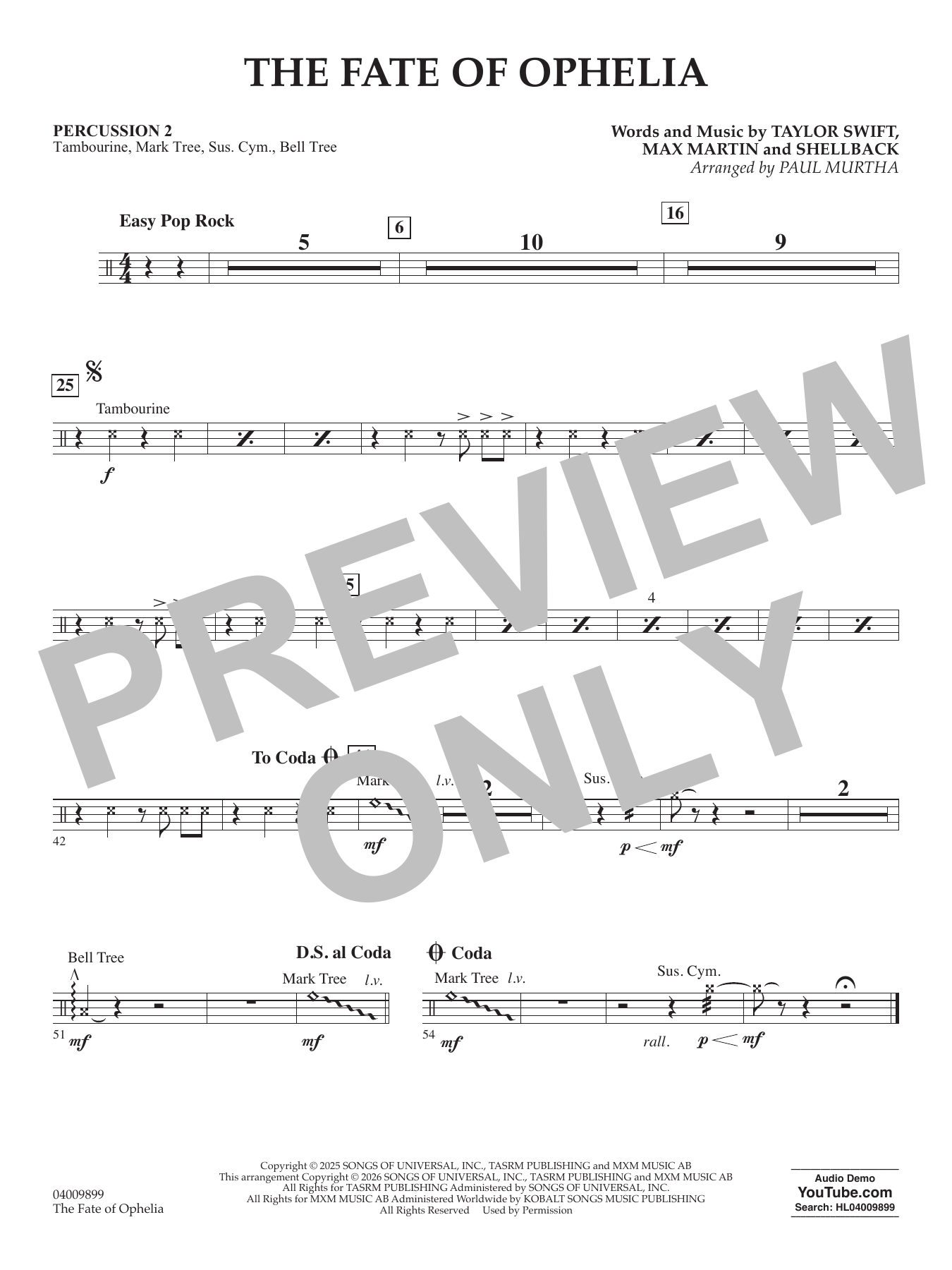 The Fate Of Ophelia (arr. Paul Murtha) - Percussion 2