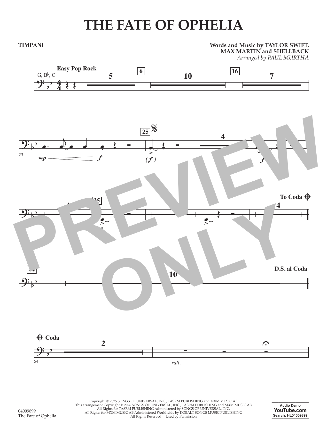 The Fate Of Ophelia (arr. Paul Murtha) - Timpani