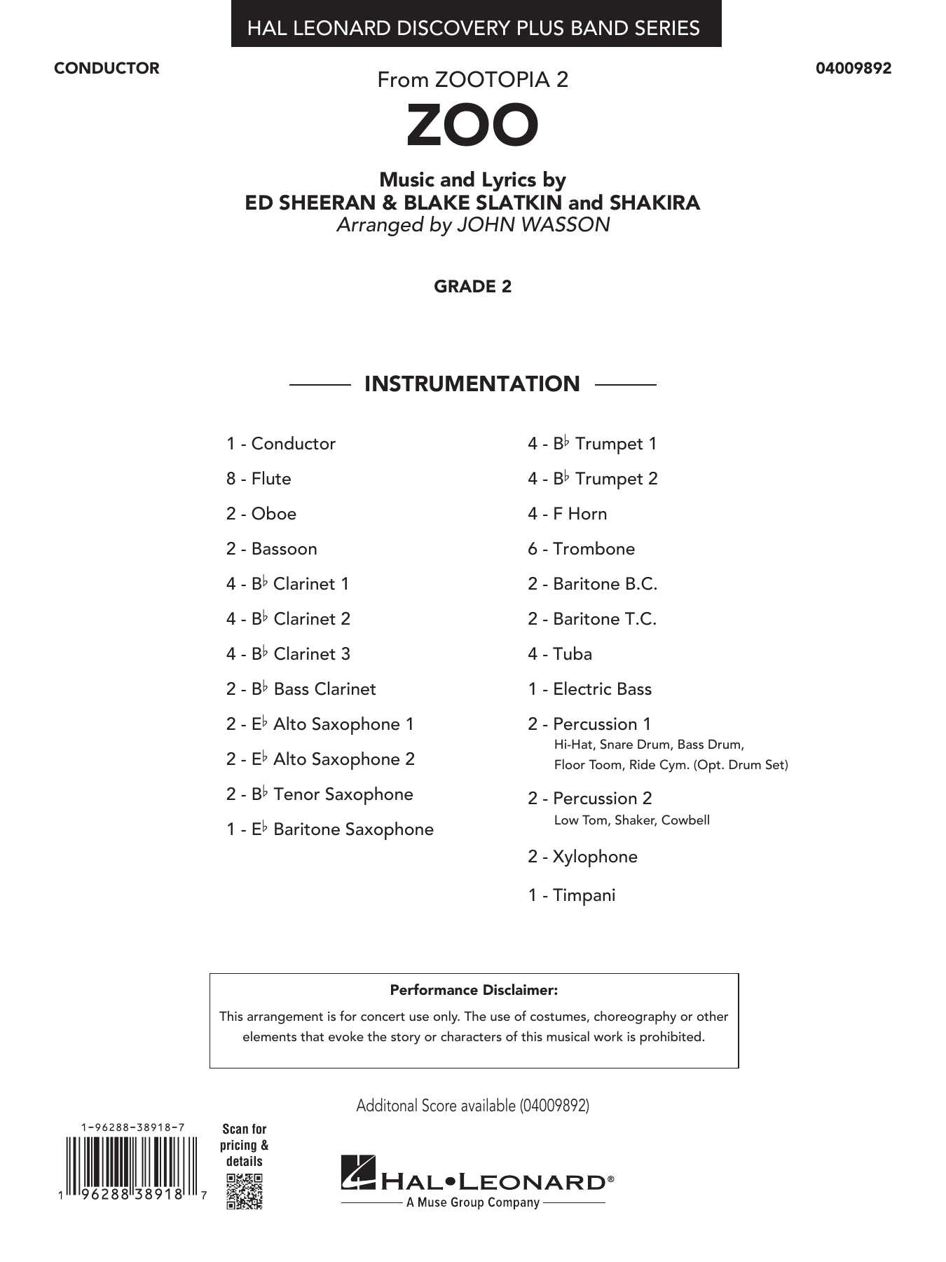 Zoo (from Zootopia 2) (arr. John Wasson): Concert Band Conductor Score & Parts